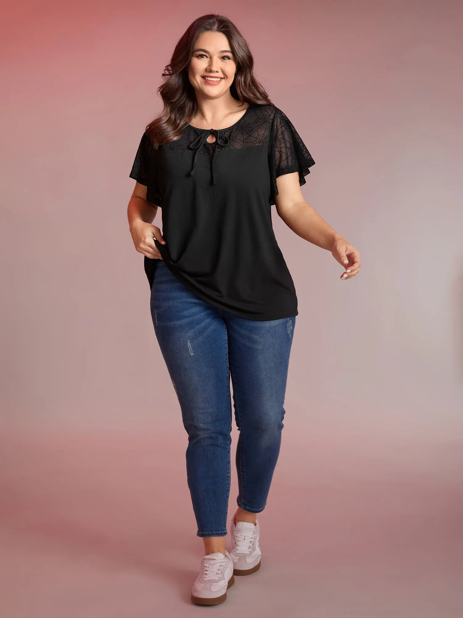 Sheer Neckline Tie Ruffled Sleeve T-Shirt sold by Bloomchic product image thumbnail 3