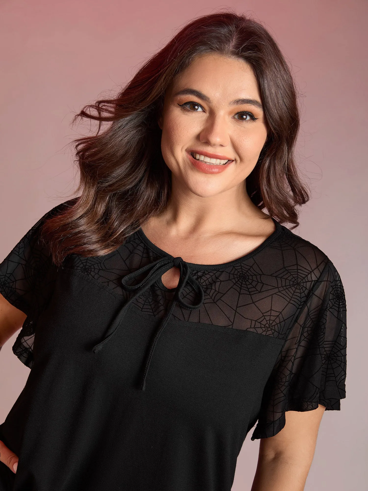 Sheer Neckline Tie Ruffled Sleeve T-Shirt sold by Bloomchic