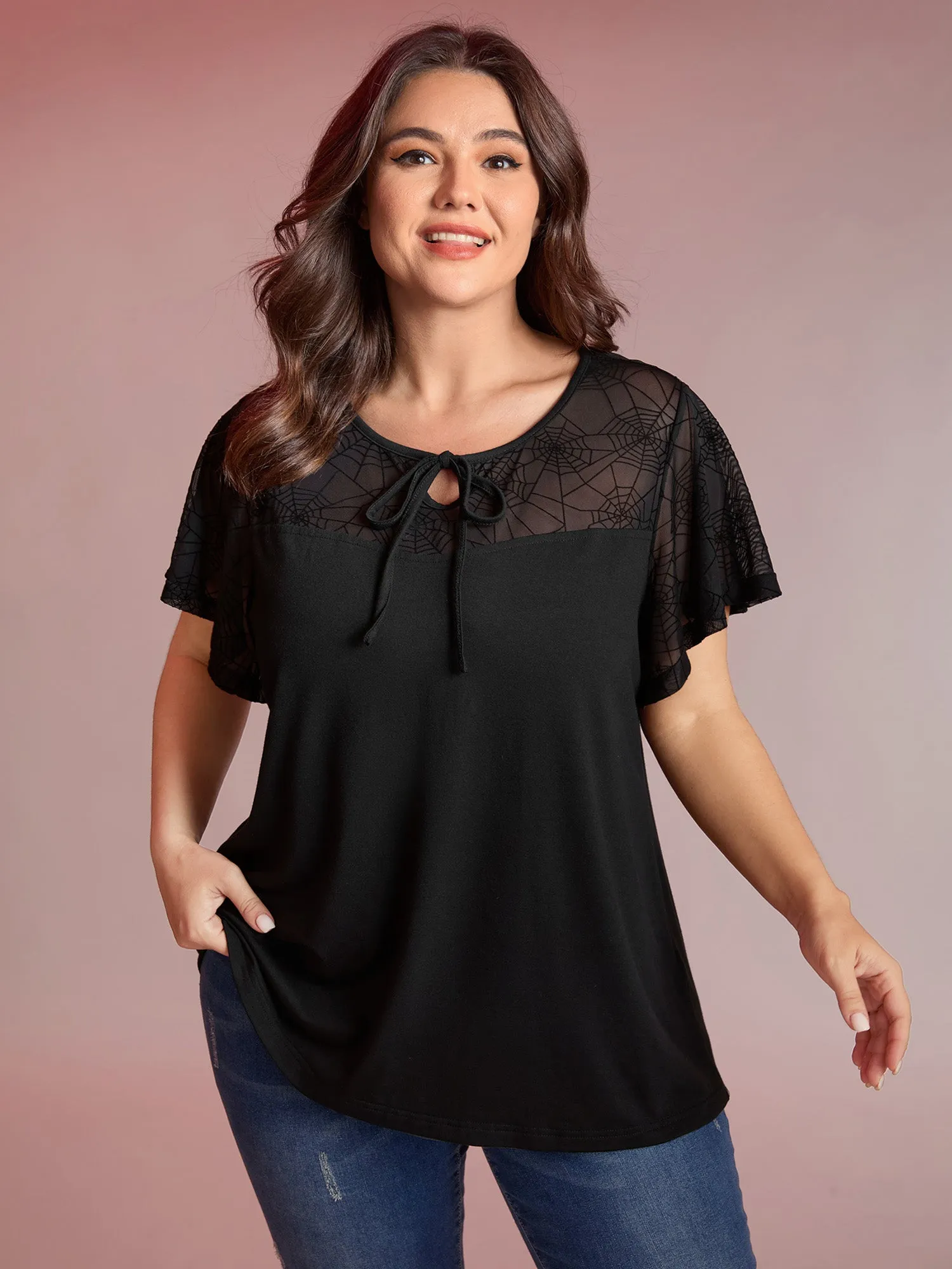 Sheer Neckline Tie Ruffled Sleeve T-Shirt sold by Bloomchic product image thumbnail 2