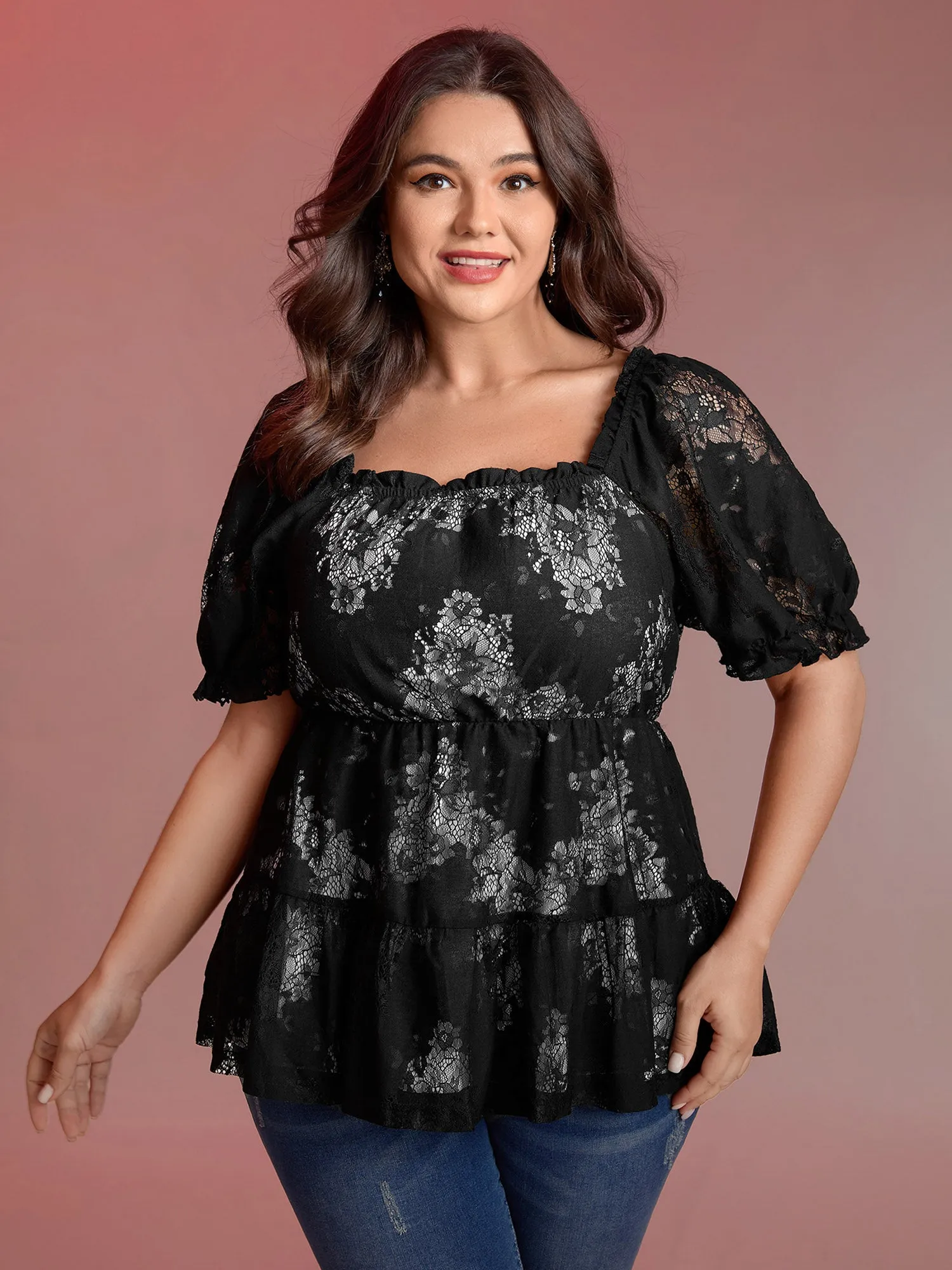Midnight Florals Tiered Lace Knit Top sold by Bloomchic