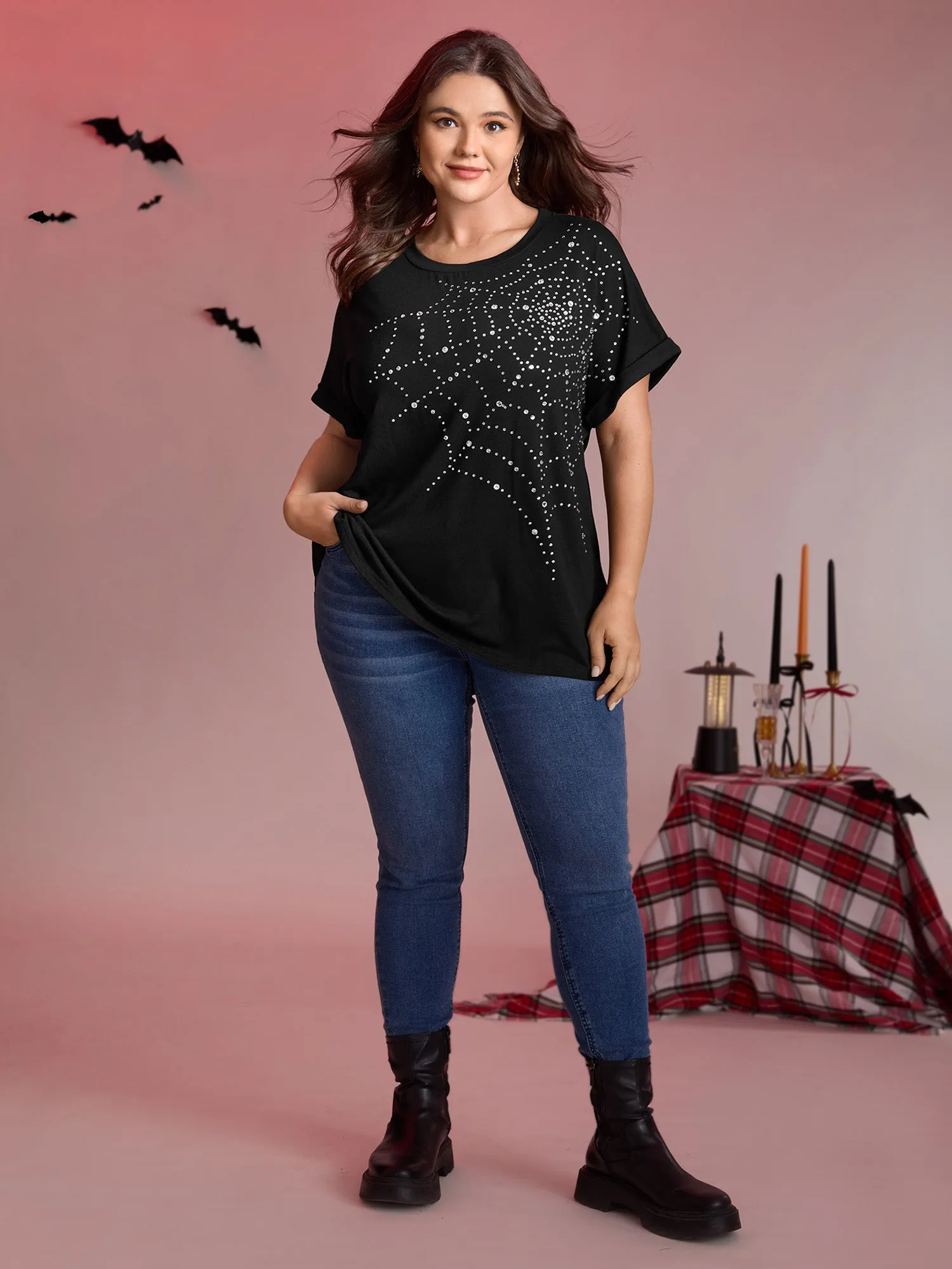 Spiderweb Rhinestone Stretchy Solid T-Shirt sold by Bloomchic product image thumbnail 3