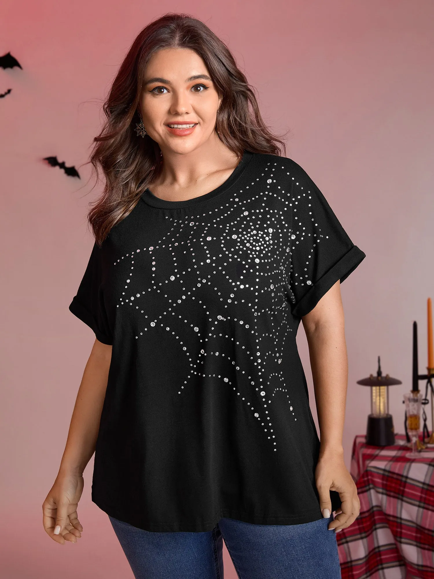 Spiderweb Rhinestone Stretchy Solid T-Shirt sold by Bloomchic product image thumbnail 2