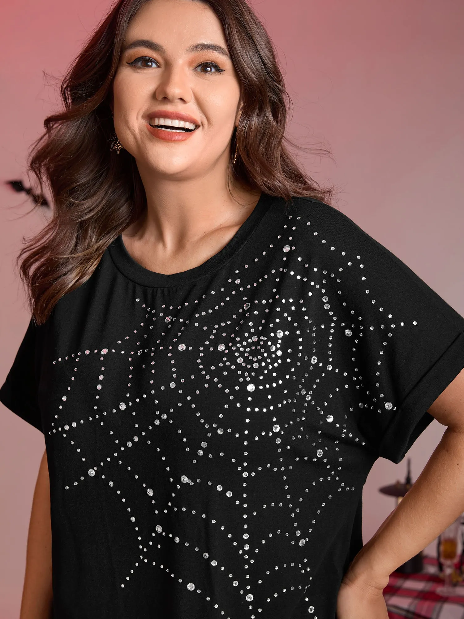Spiderweb Rhinestone Stretchy Solid T-Shirt sold by Bloomchic