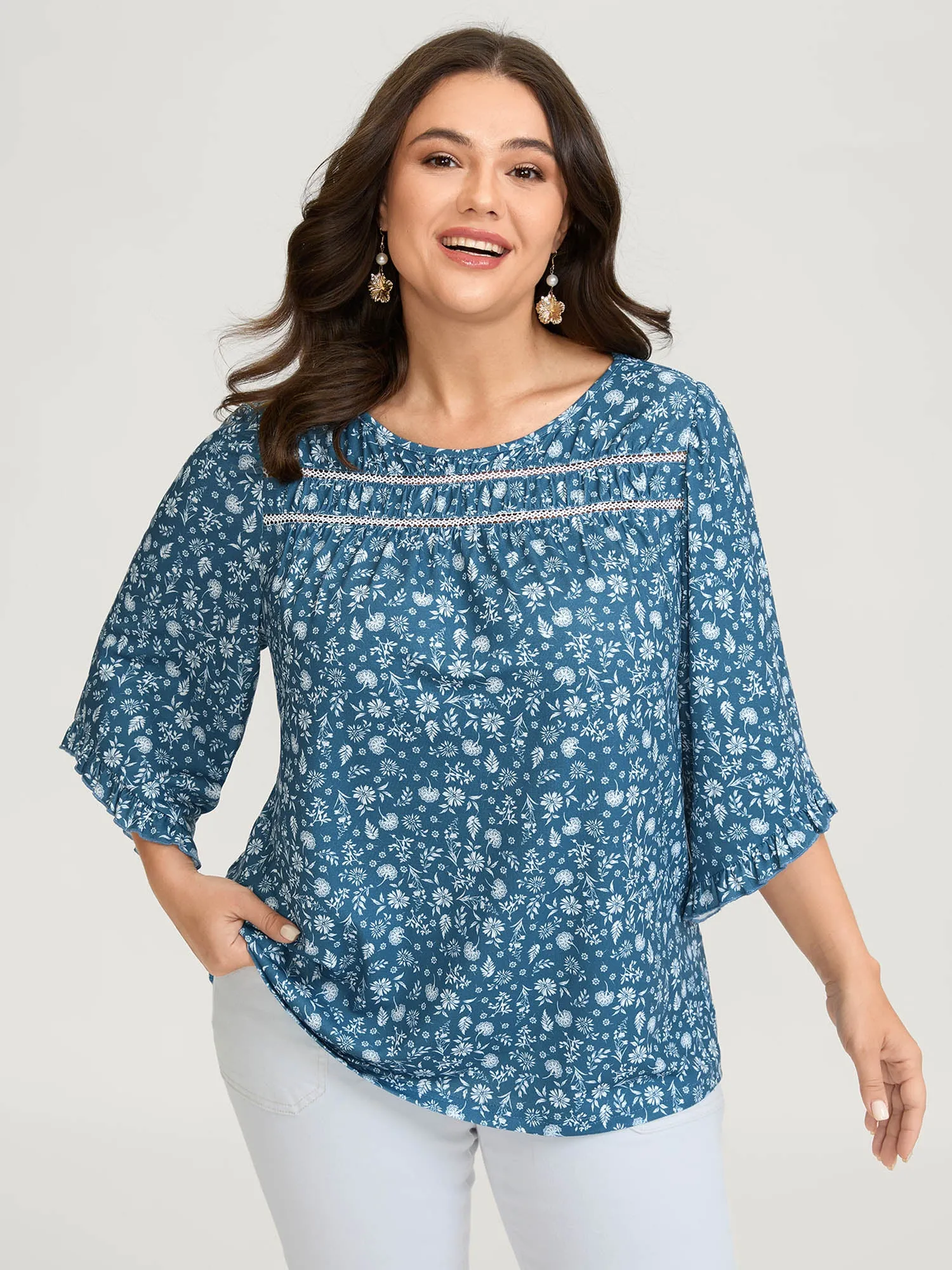 Floral Print Lace Trim Ruffled Sleeve Top sold by Bloomchic
