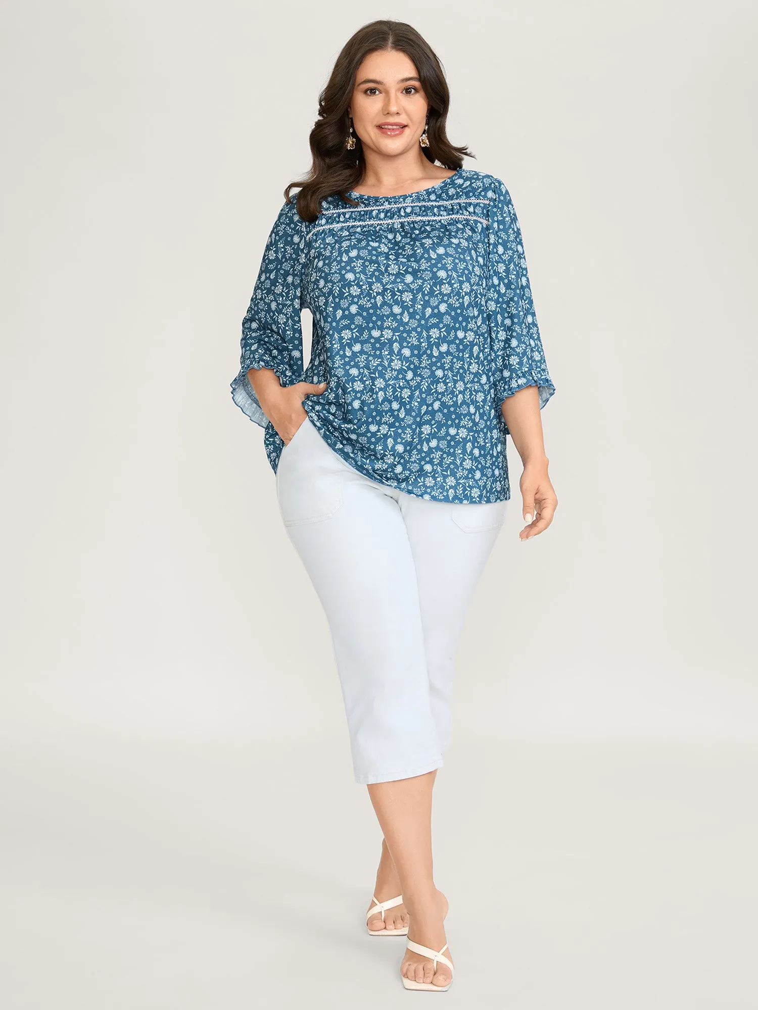 Floral Print Lace Trim Ruffled Sleeve Top sold by Bloomchic product image thumbnail 4