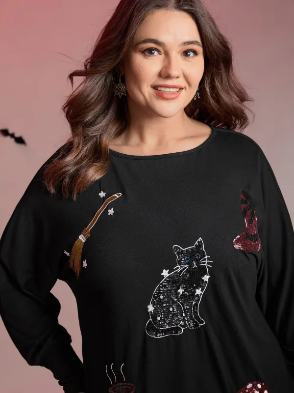 Supersoft Cat Sequin Embroidered T-Shirt sold by Bloomchic