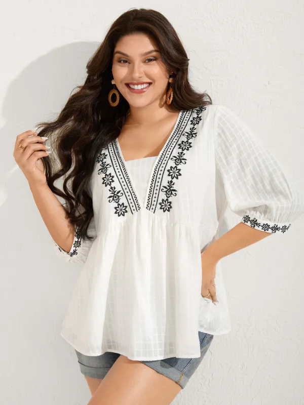Pure Cotton Boho Embroidery Textured Blouse sold by Bloomchic