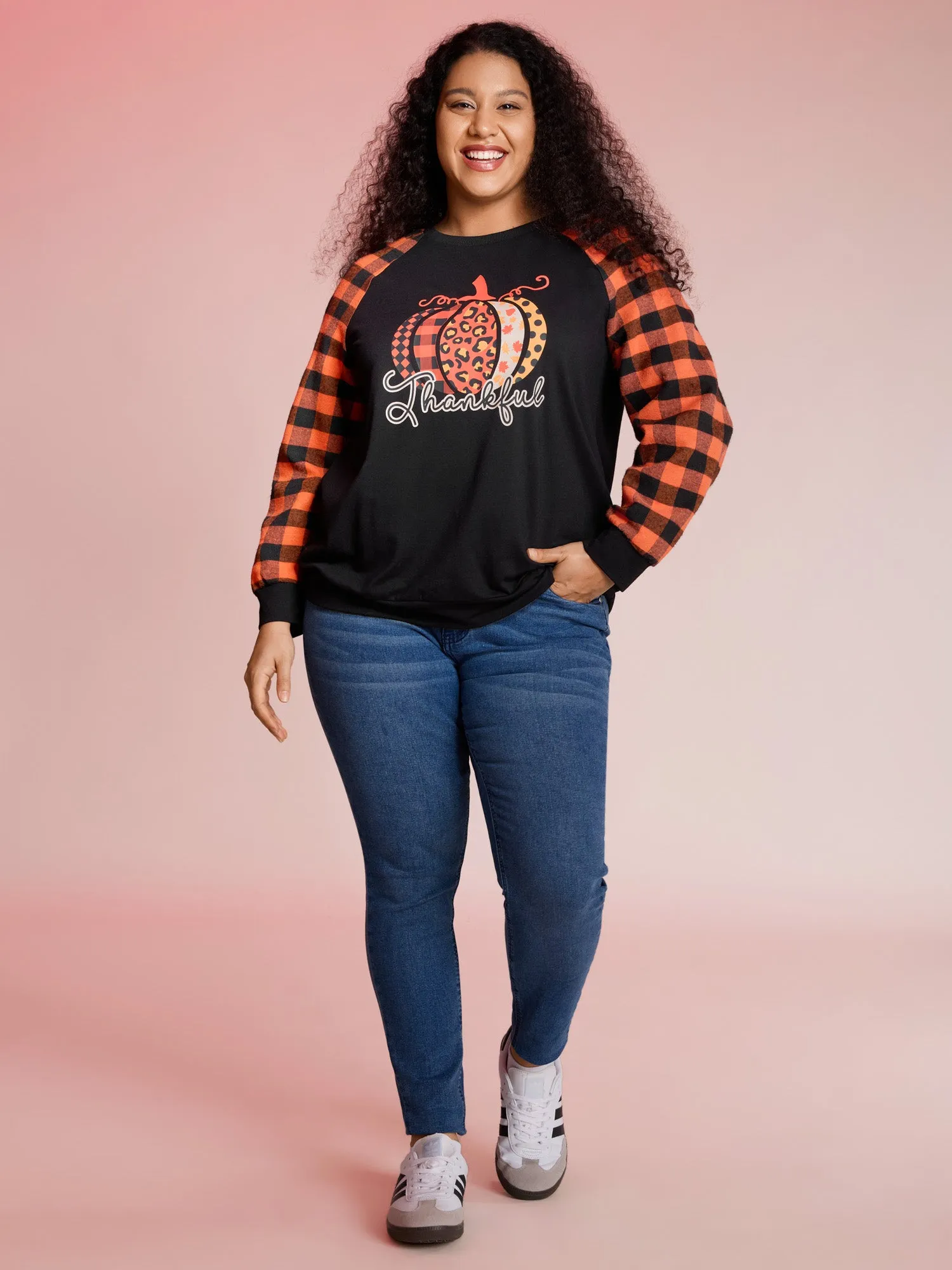 Halloween Pumpkin Plaid Stretchy Sweatshirt sold by Bloomchic product image thumbnail 3