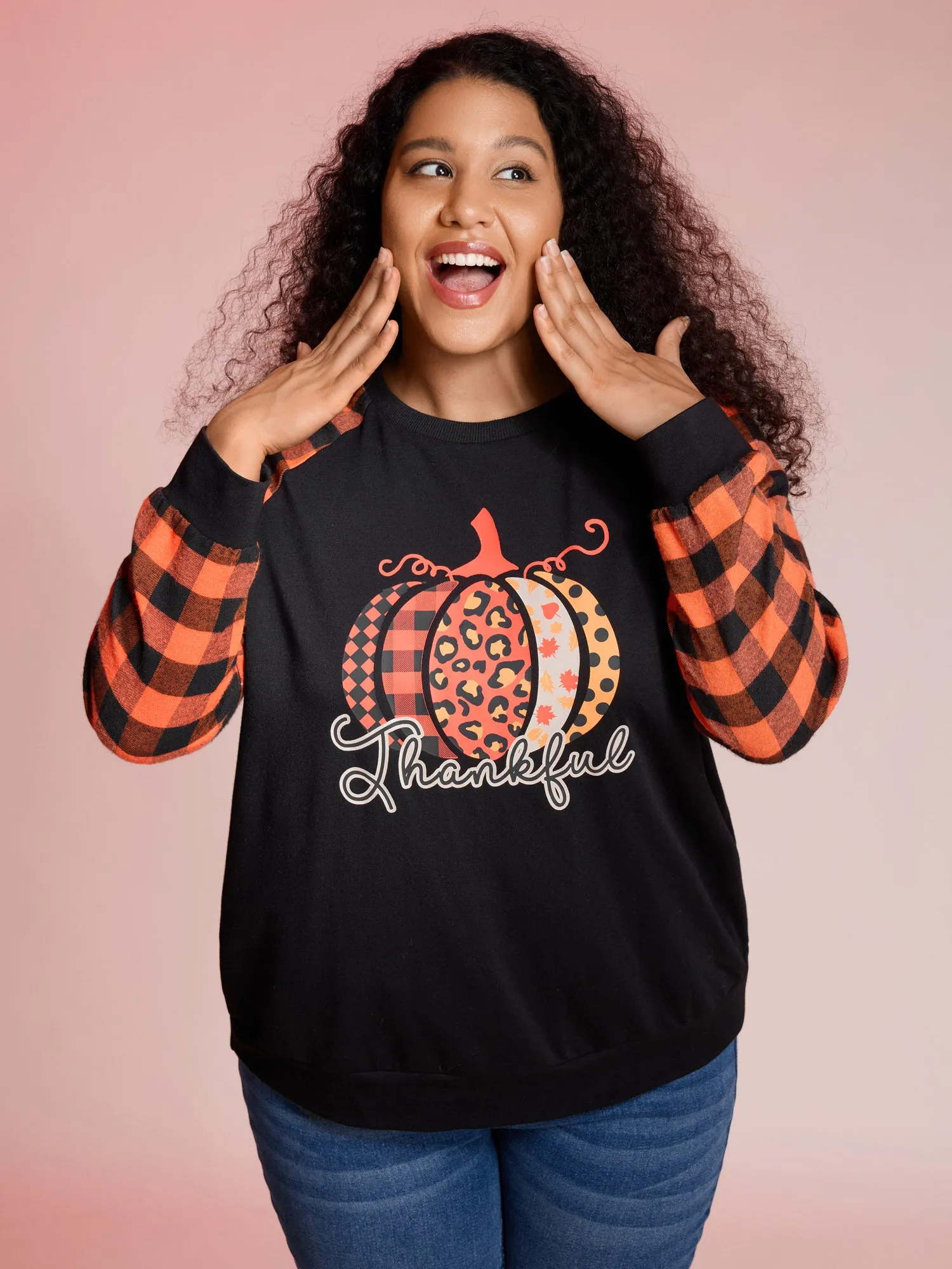 Halloween Pumpkin Plaid Stretchy Sweatshirt sold by Bloomchic product image thumbnail 2