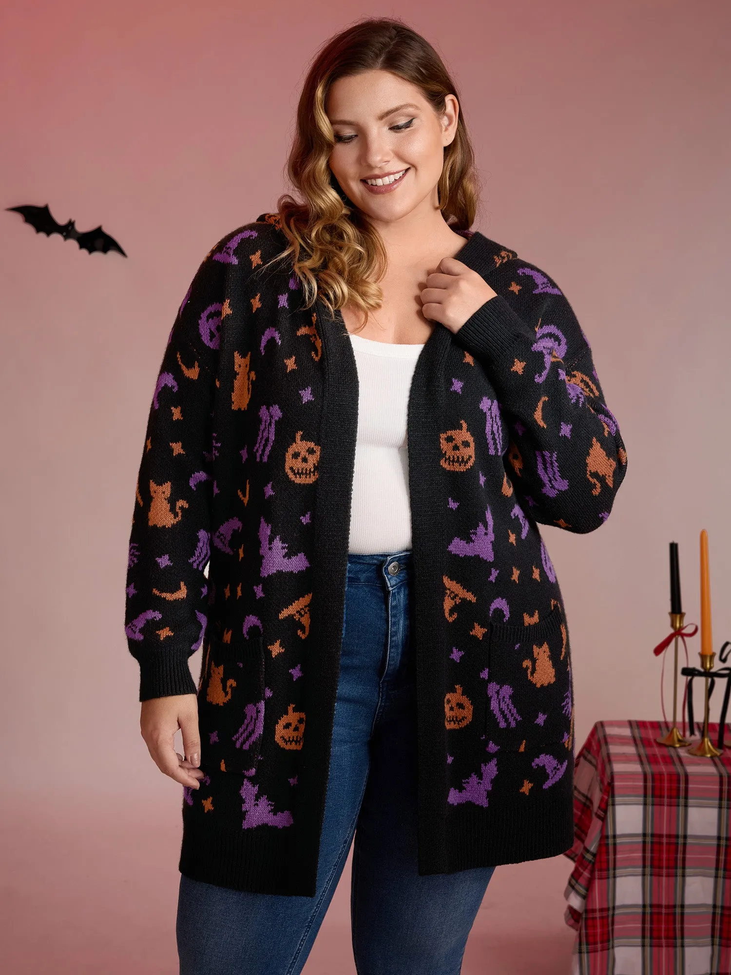 Halloween Party Print Hooded Pocket Cardigan sold by Bloomchic