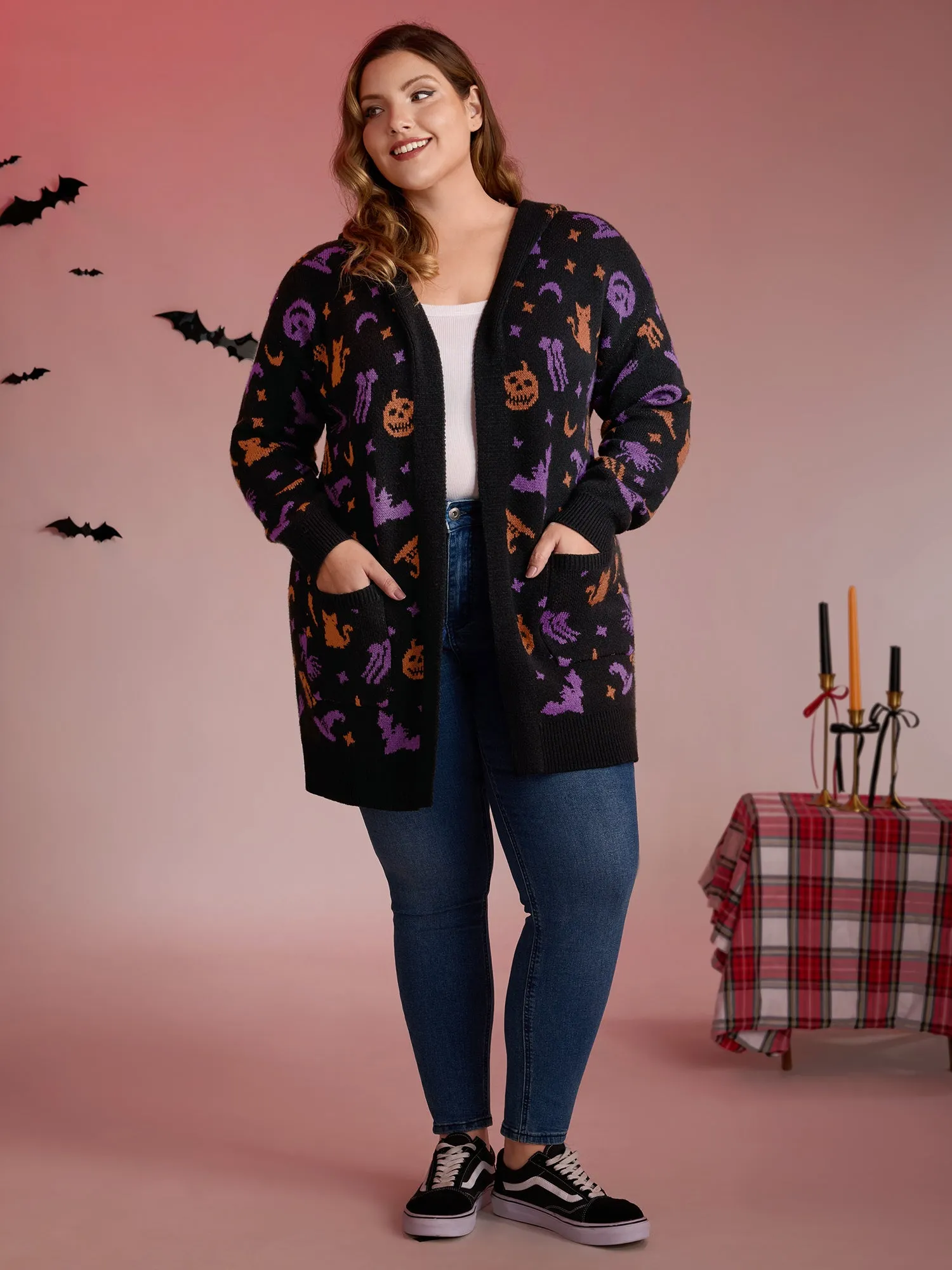 Halloween Party Print Hooded Pocket Cardigan sold by Bloomchic product image thumbnail 3