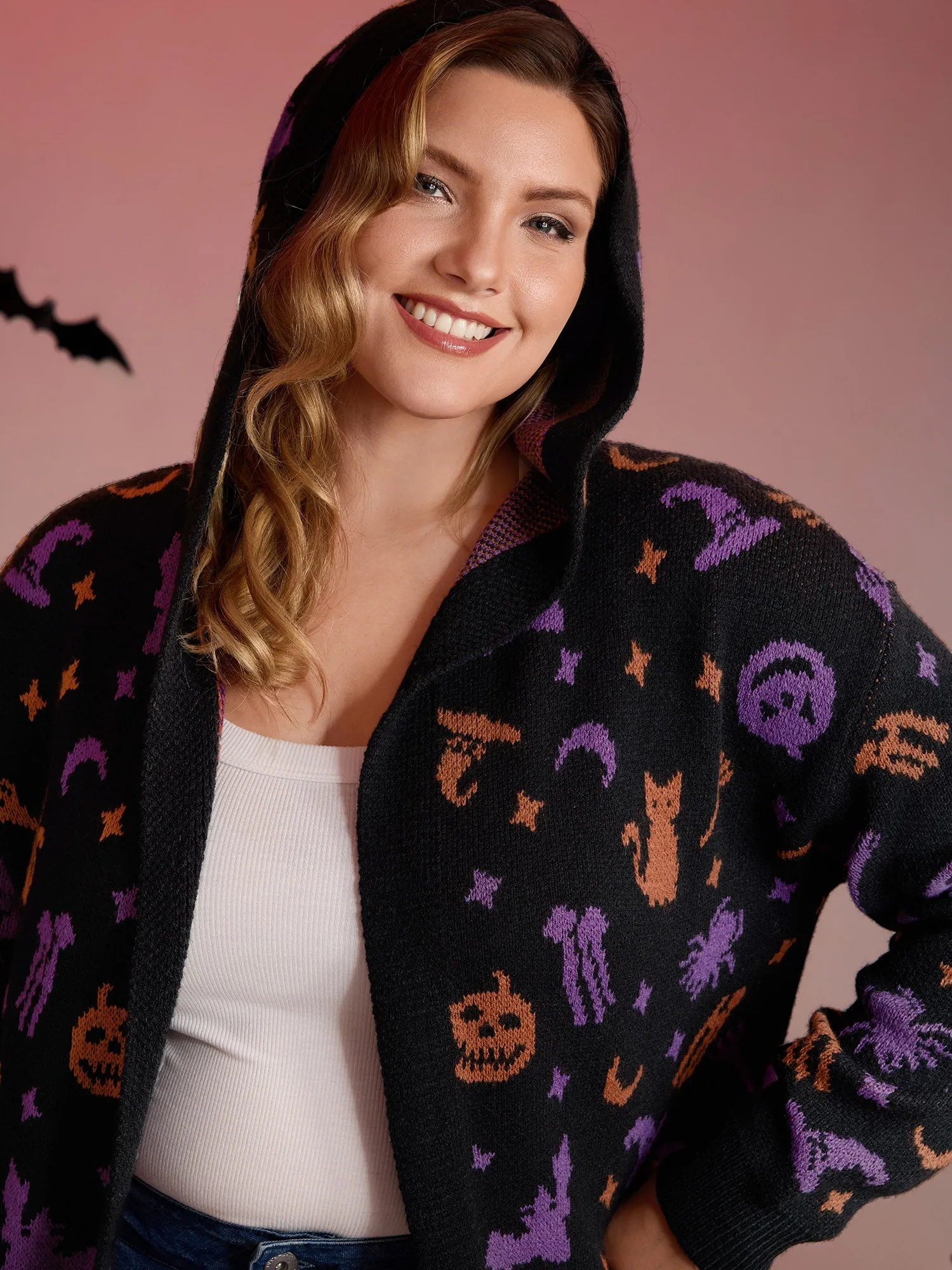 Halloween Party Print Hooded Pocket Cardigan sold by Bloomchic product image thumbnail 2