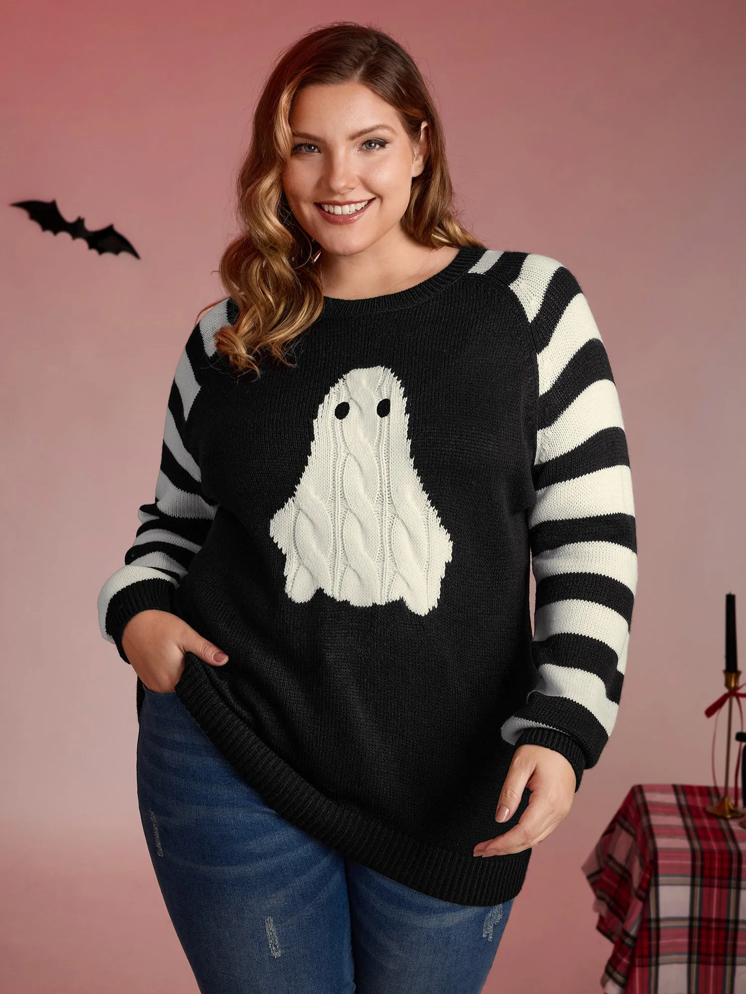Hey Ghost Raglan Stripe Sleeve Pullover sold by Bloomchic