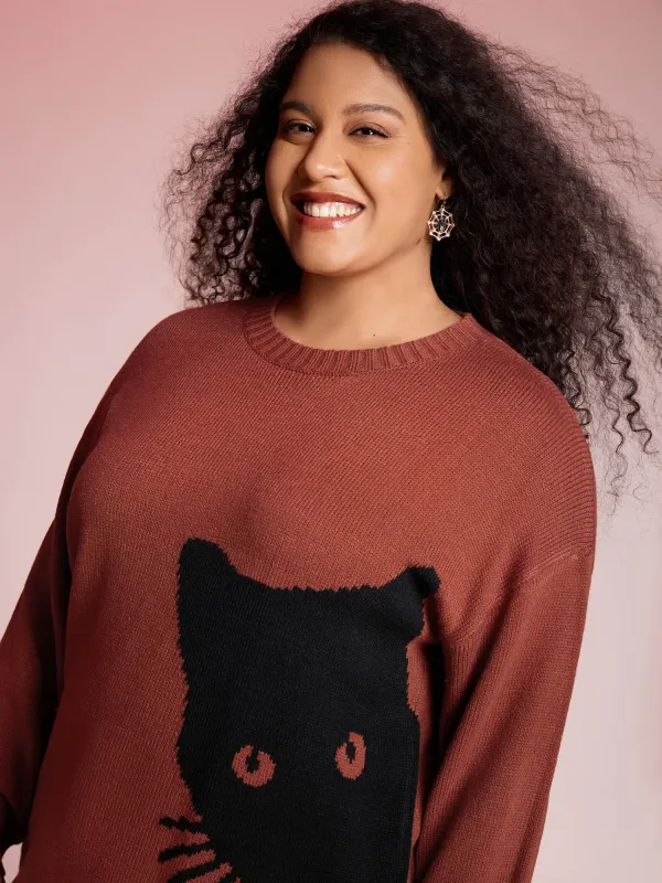 Night Cat Print Crew Neck Pullover sold by Bloomchic
