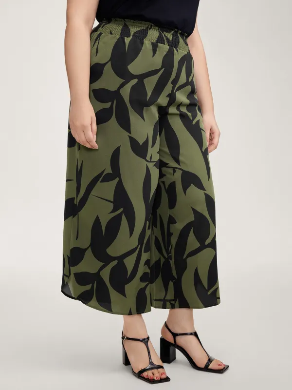 Leaf Print Shirred Wide Waistband Pants sold by Bloomchic