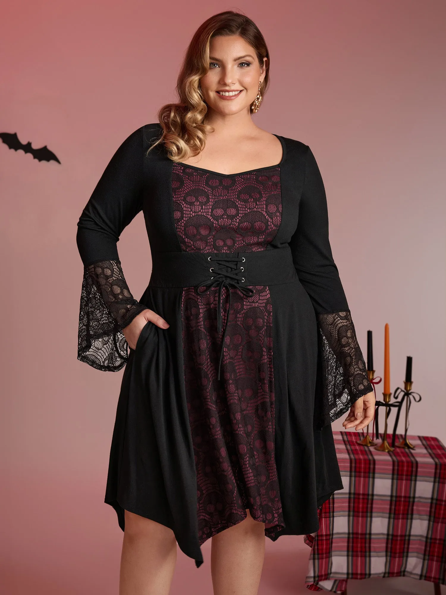 Skull Wide-Waist Tie Contrast Midi Dress sold by Bloomchic