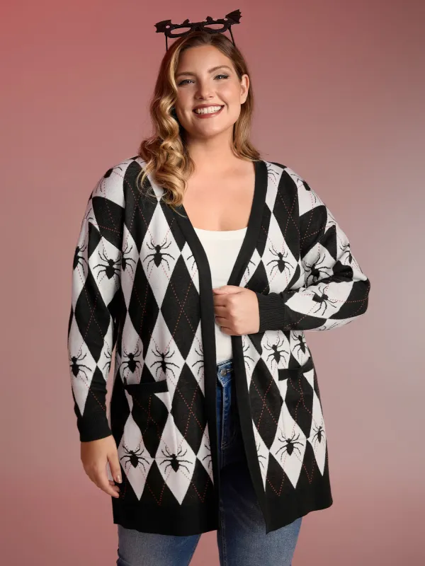 Spider Check Jacquard Pockets Knit Cardigan sold by Bloomchic