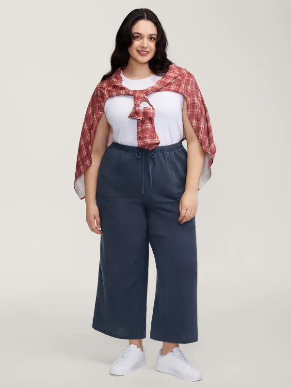 Cotton Textured Waist Drawstring Straight-Leg Pants sold by Bloomchic