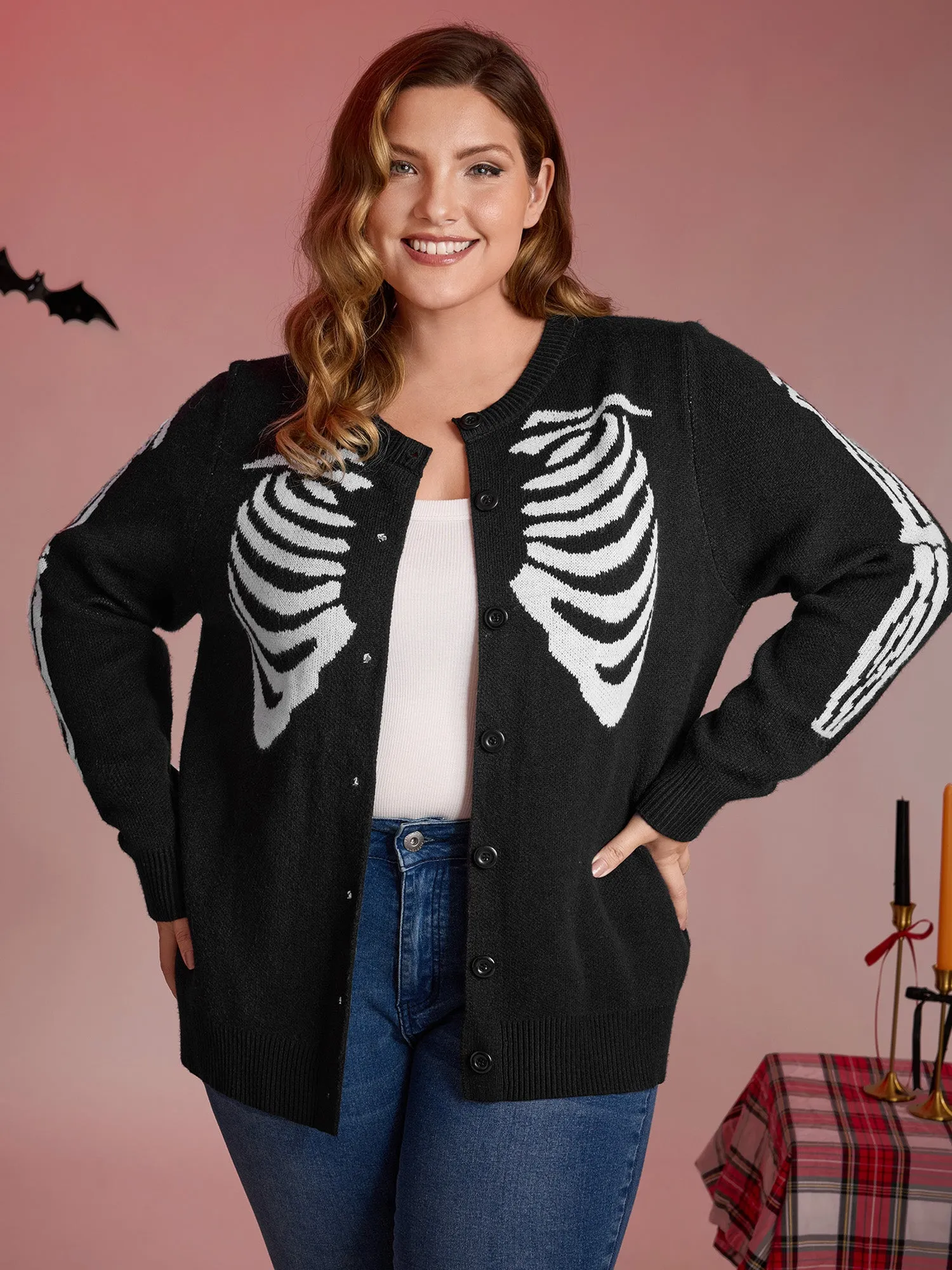 Skeleton Ribcage Print Button Knit Cardigan sold by Bloomchic product image thumbnail 3