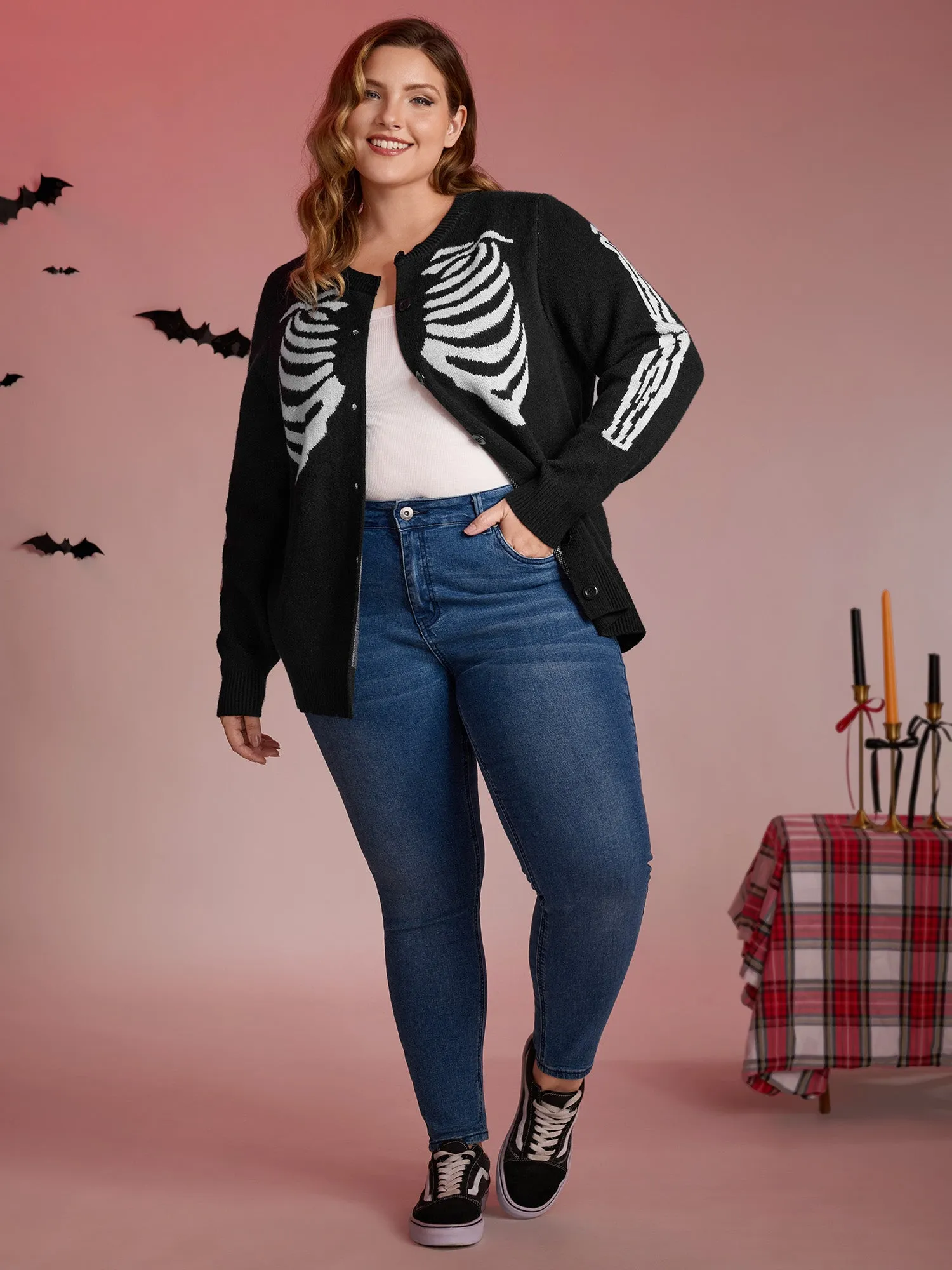 Skeleton Ribcage Print Button Knit Cardigan sold by Bloomchic product image thumbnail 4