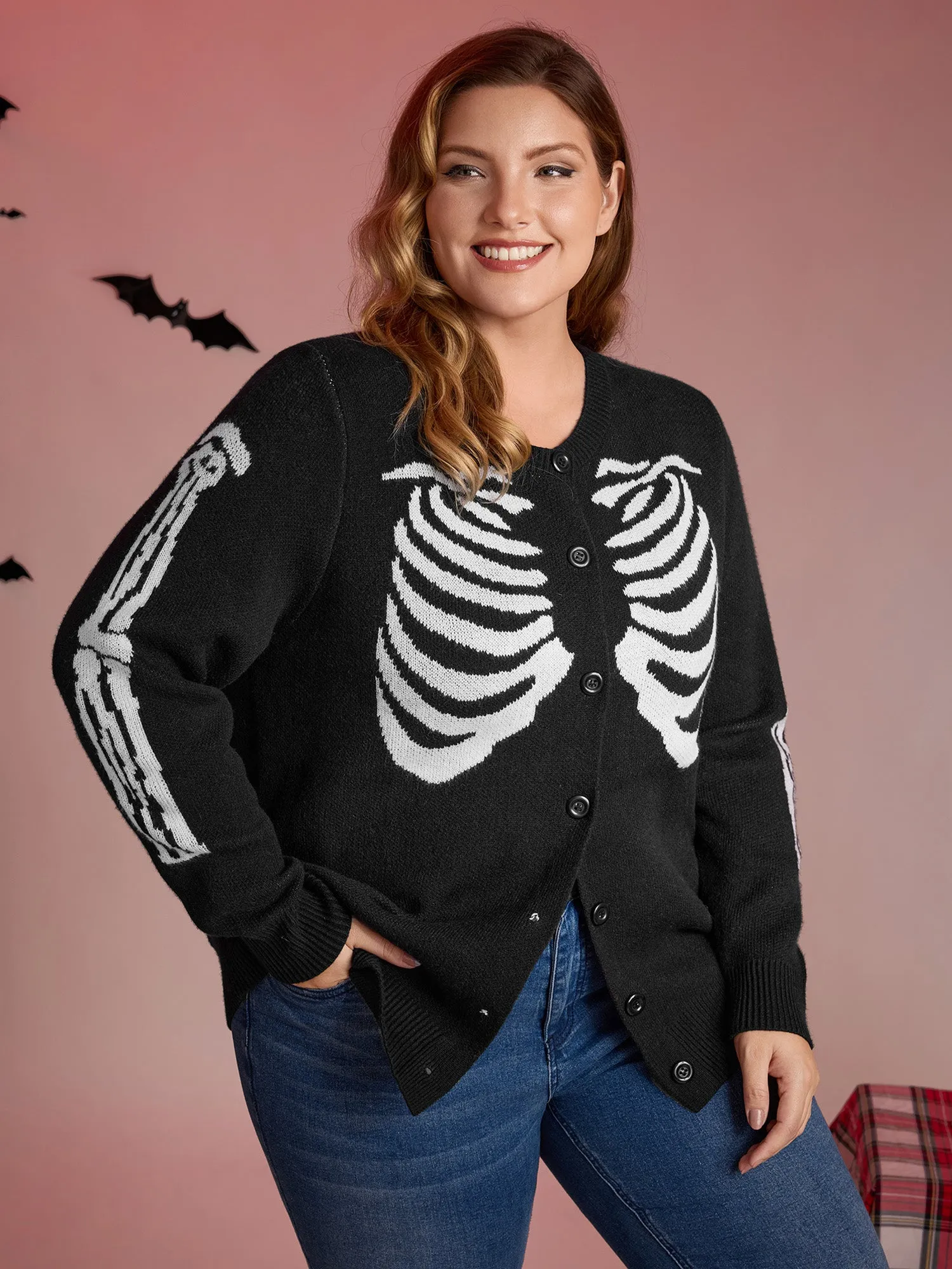 Skeleton Ribcage Print Button Knit Cardigan sold by Bloomchic product image thumbnail 2