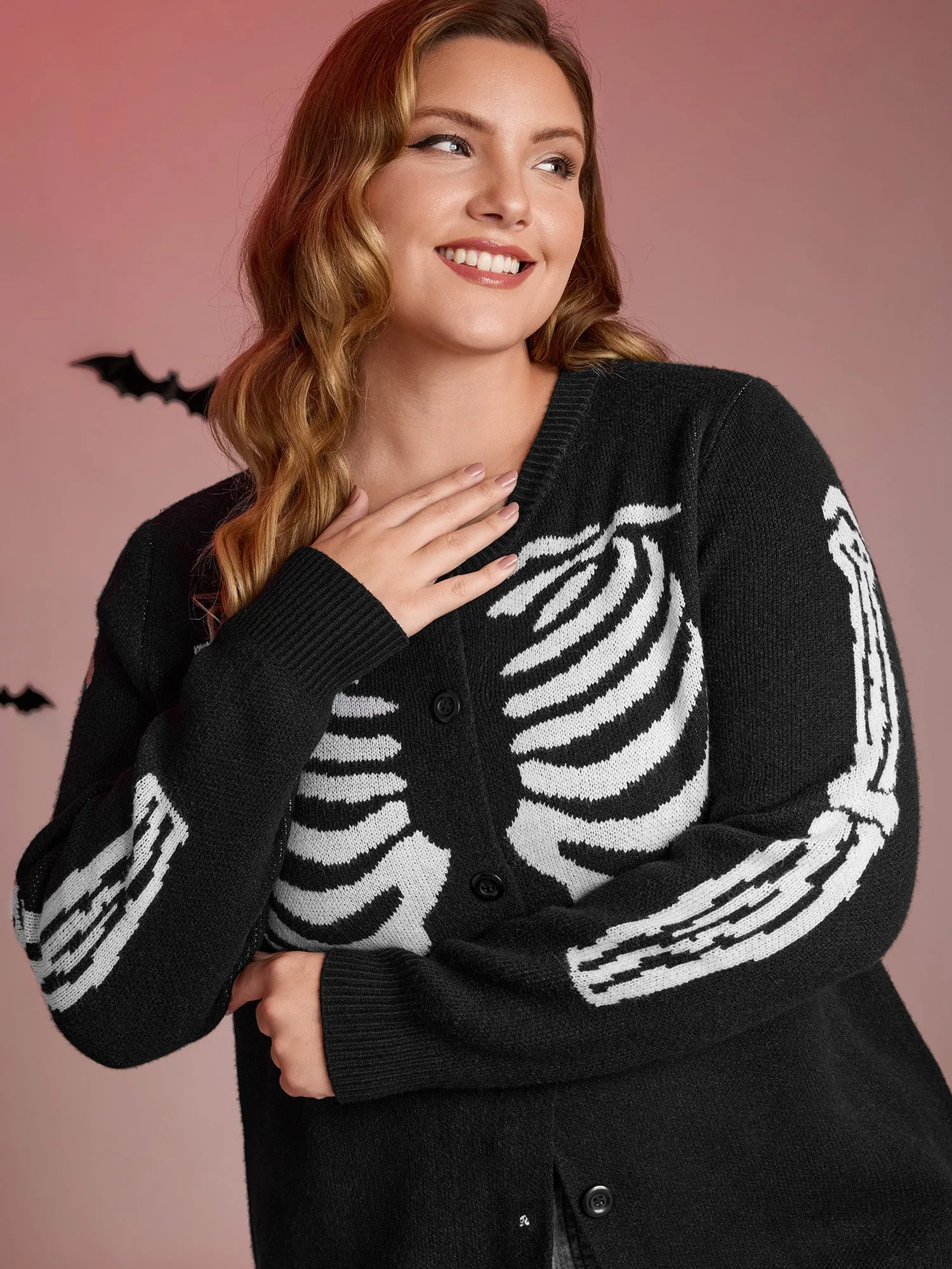 Skeleton Ribcage Print Button Knit Cardigan sold by Bloomchic