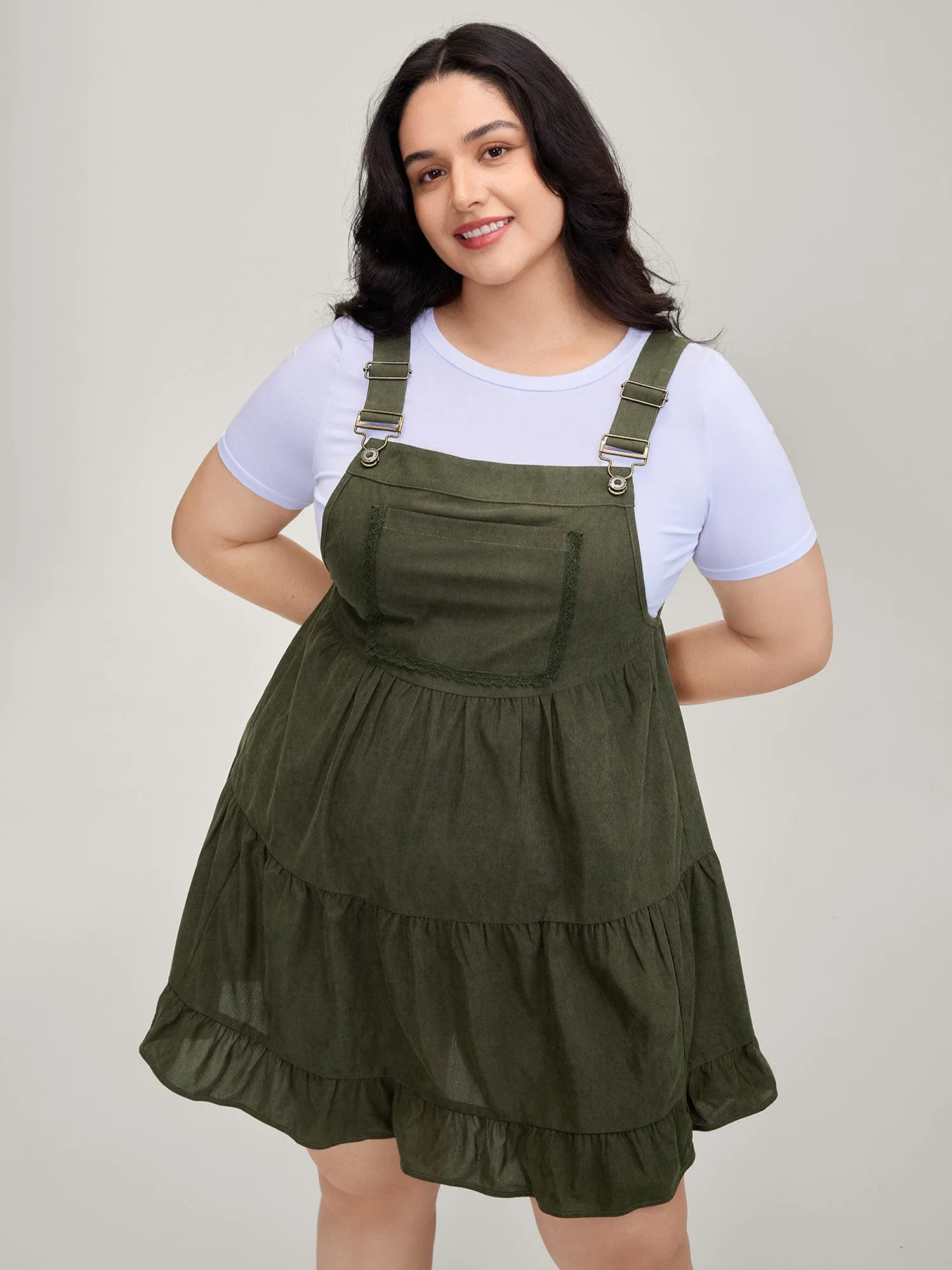 Corduroy Lace Trim Overall Strap Mini Dress sold by Bloomchic