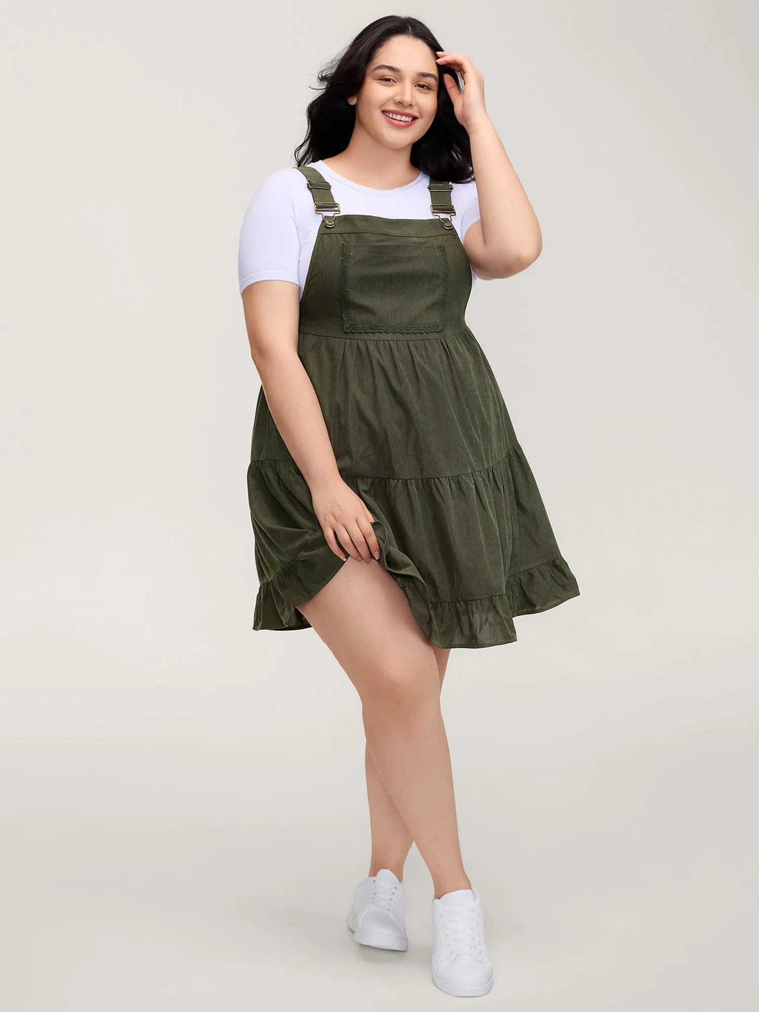 Corduroy Lace Trim Overall Strap Mini Dress sold by Bloomchic product image thumbnail 3