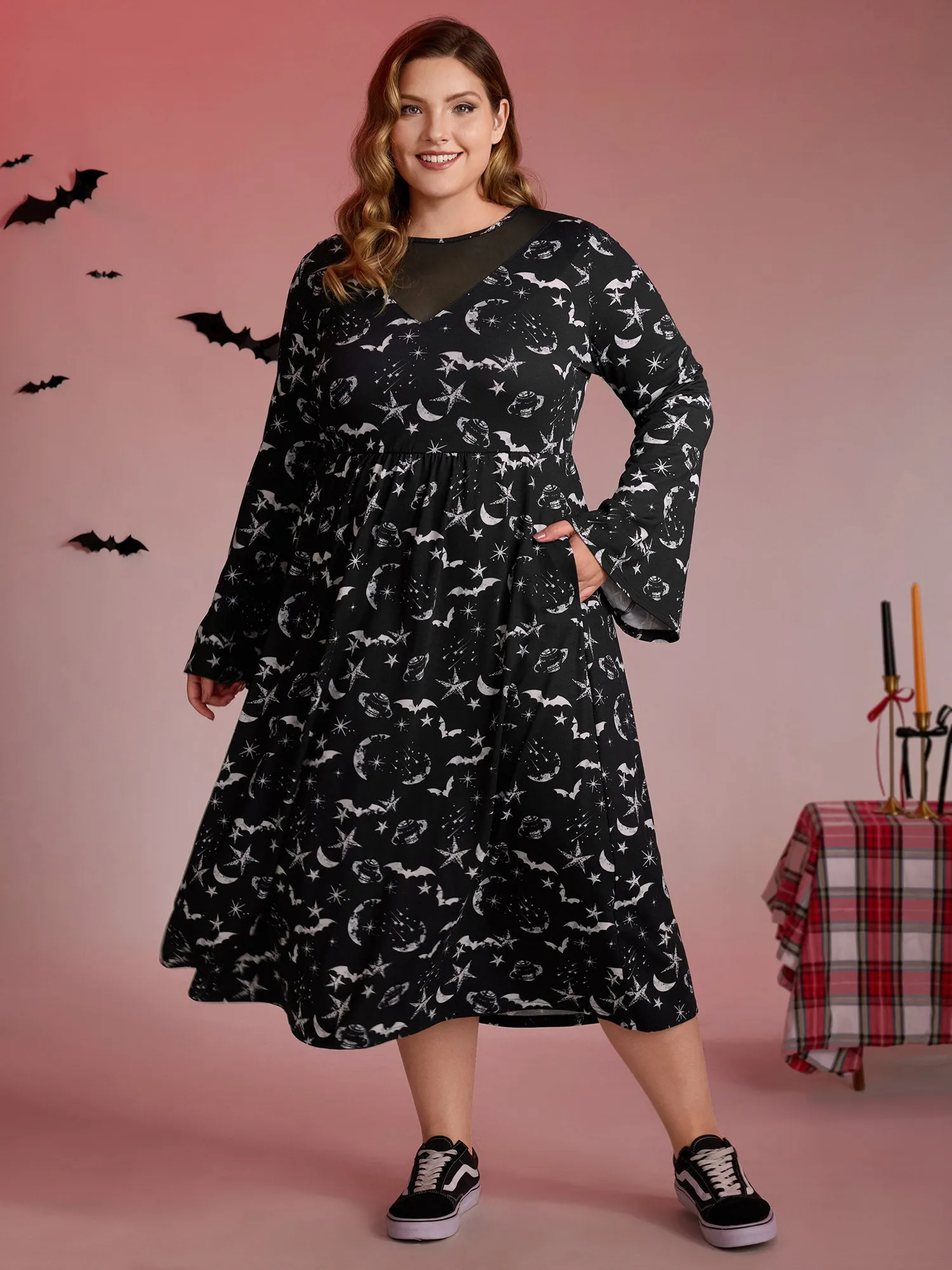 Celestial Halloween Print Sheer Pockets Maxi Dress sold by Bloomchic product image thumbnail 3