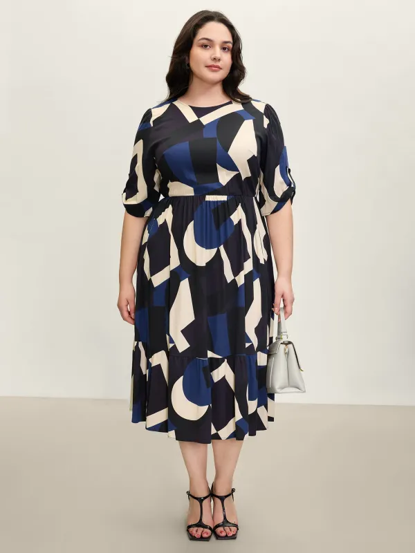 Geometric Print Stretchy Waist Cuffed Midi Dress sold by Bloomchic