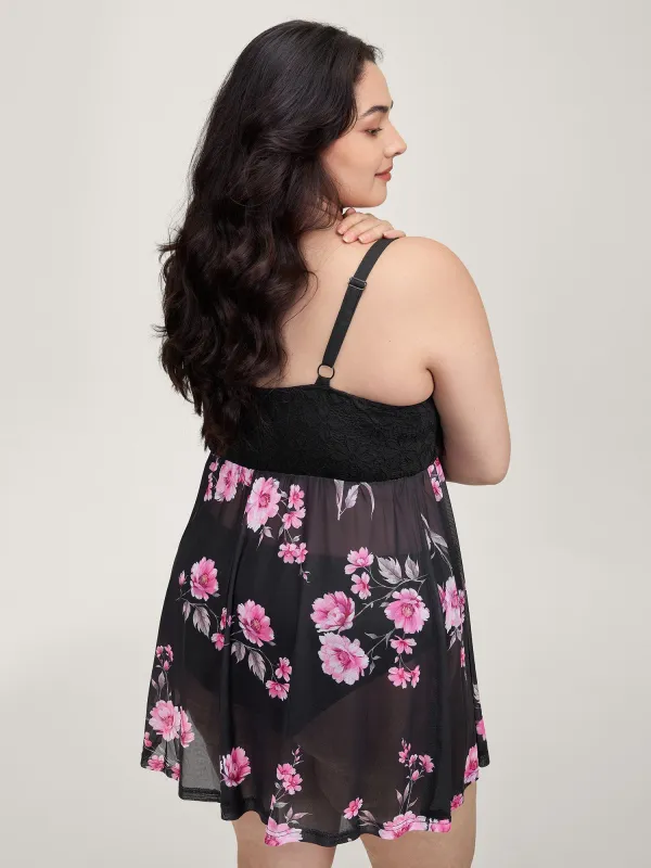 Floral Print Sheer Lace Trim Sleep Dress sold by Bloomchic