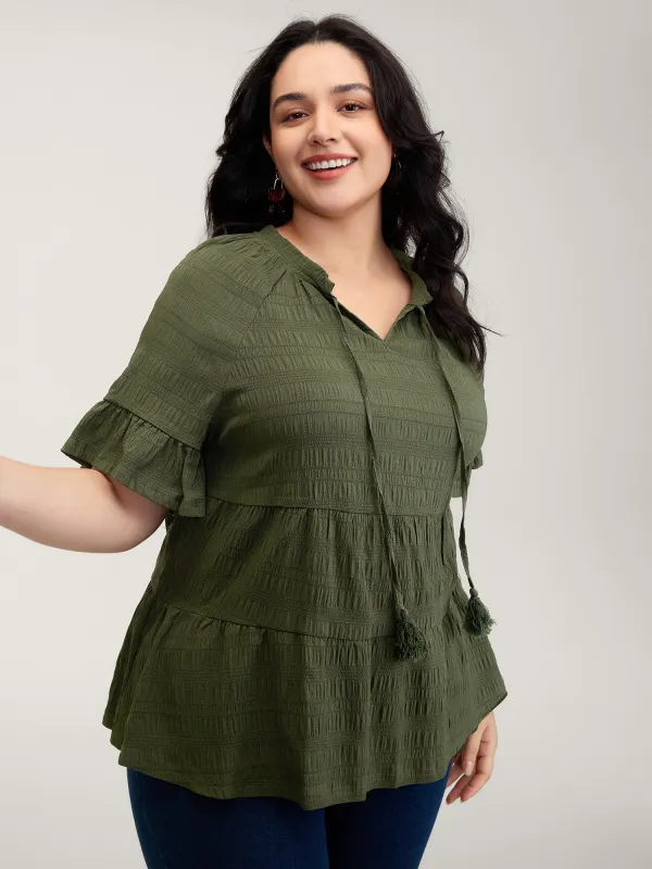 Notched Neck-Tie Crinkle Tiered Blouse sold by Bloomchic