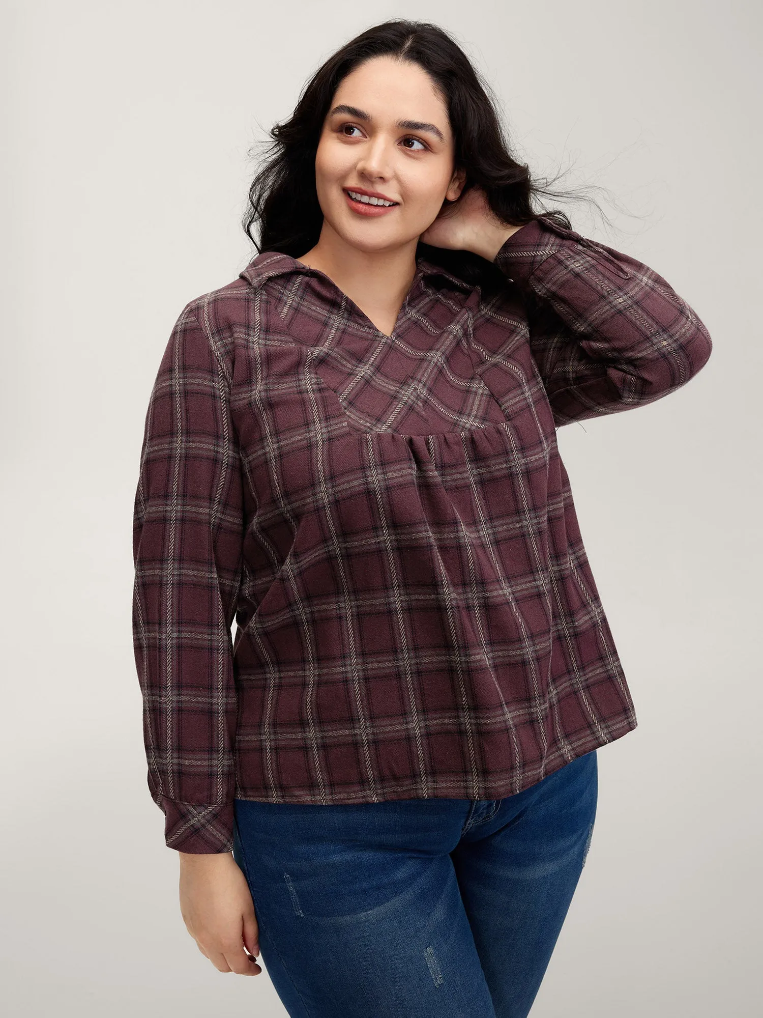 Plaid Pattern Relaxed-Fit Collar Blouse sold by Bloomchic
