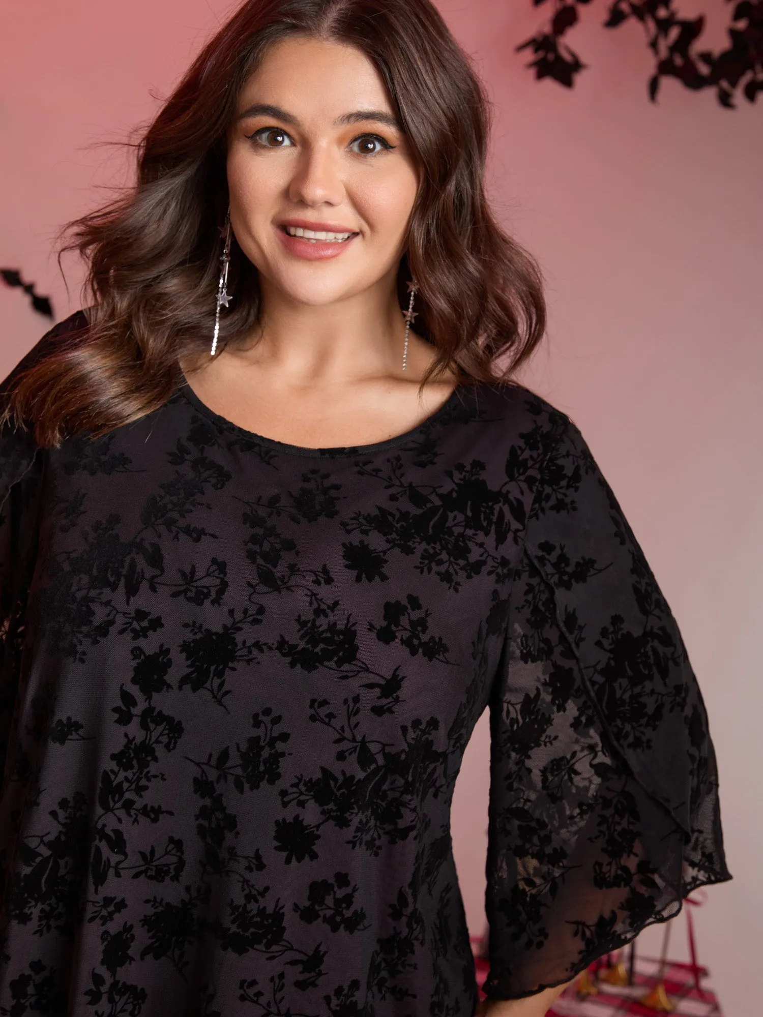 Petal Sleeve Curvy Hem Mesh Knit Top sold by Bloomchic product image thumbnail 2