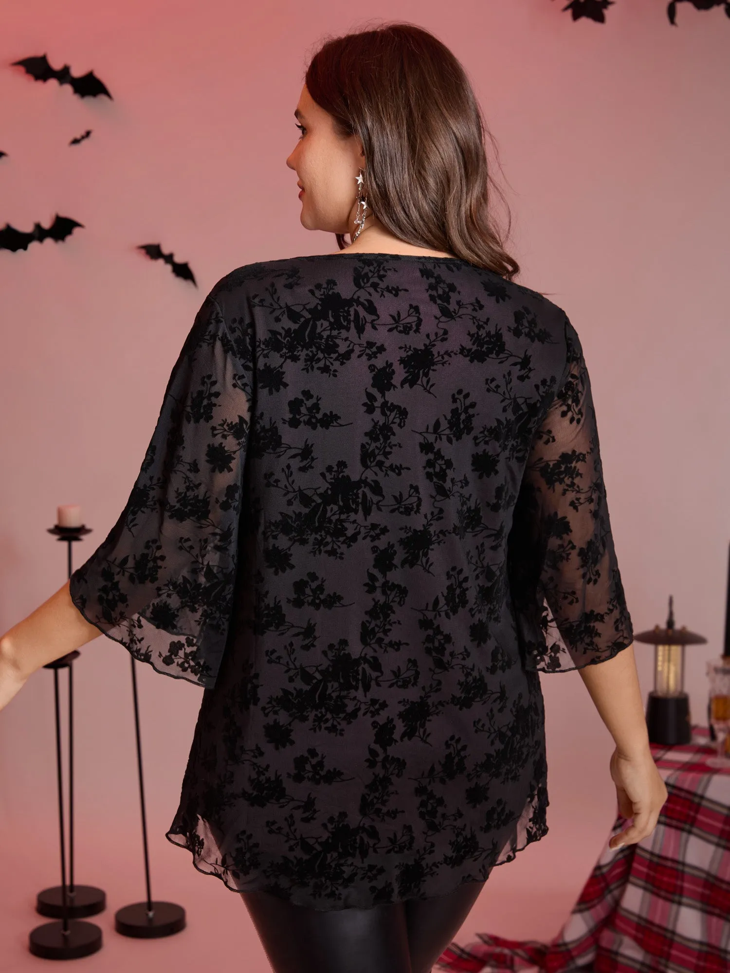 Petal Sleeve Curvy Hem Mesh Knit Top sold by Bloomchic product image thumbnail 4