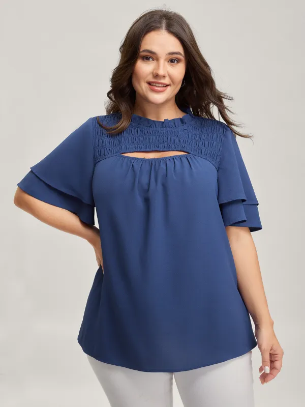 Shirred Cut-Out Neckline Layered Sleeve Blouse sold by Bloomchic
