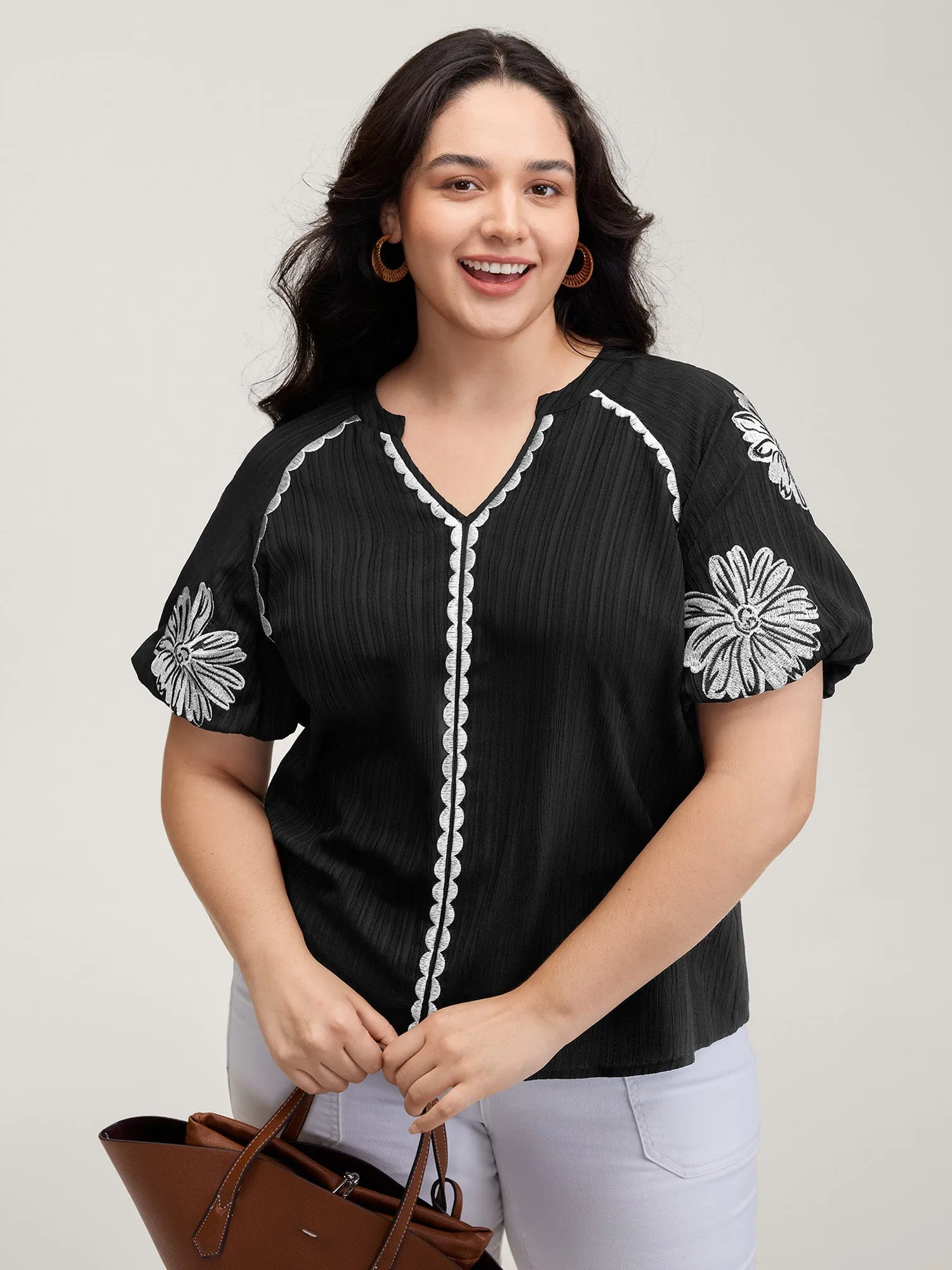 Textured Floral Embroidered Notched Collar Blouse sold by Bloomchic