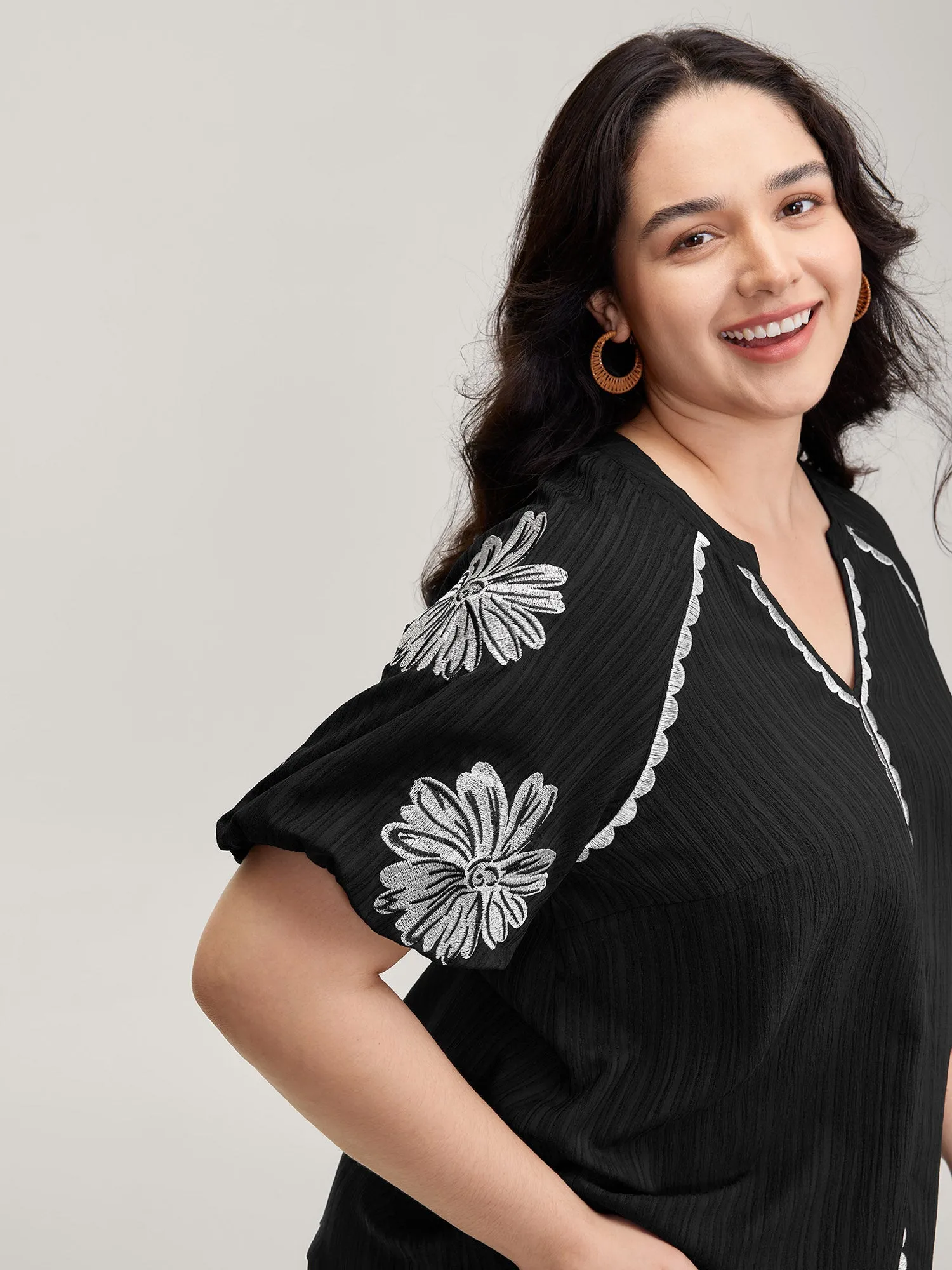 Textured Floral Embroidered Notched Collar Blouse sold by Bloomchic product image thumbnail 2