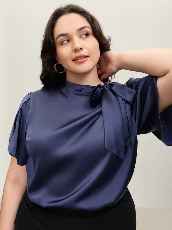 Satin Ribbon Knot Mock Neck Blouse sold by Bloomchic