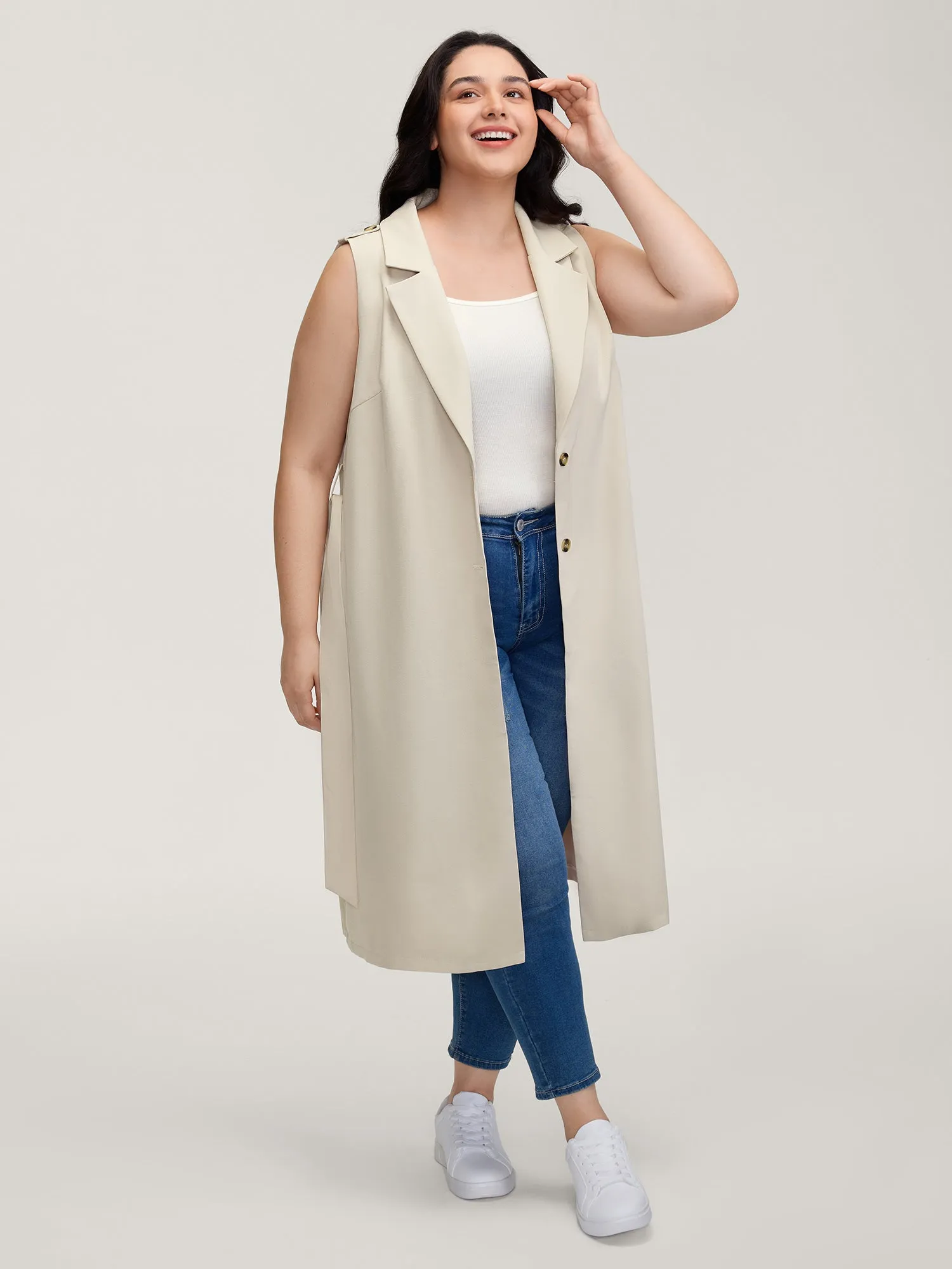 Back Slit Waist Belt Lined Long Vest sold by Bloomchic