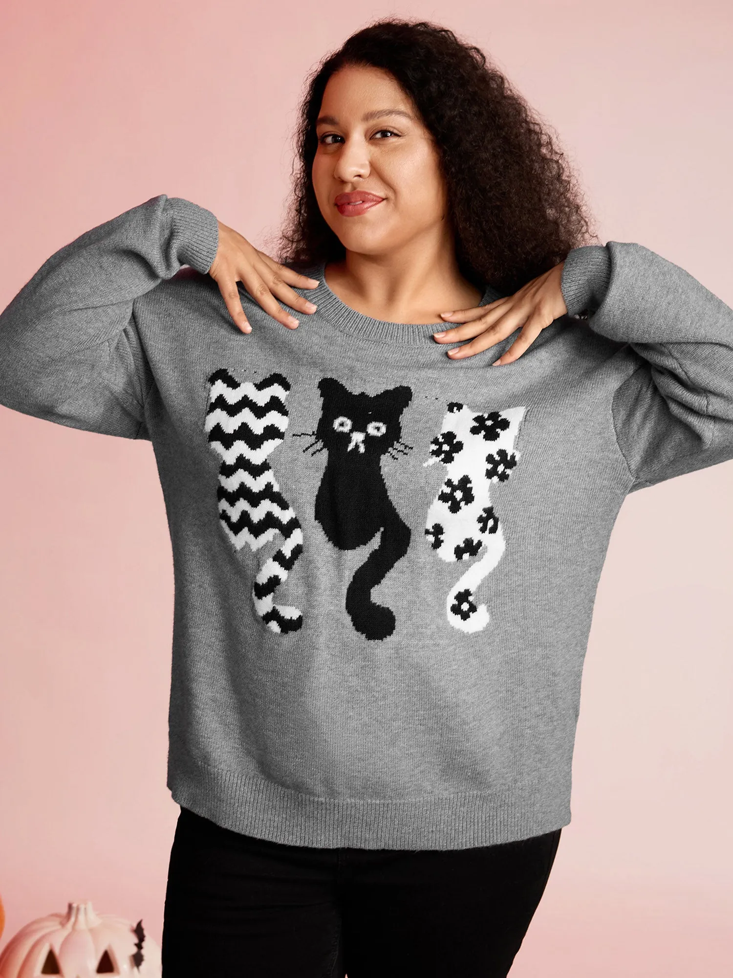 Spooky Cats Jacquard Pattern Pullover sold by Bloomchic product image thumbnail 2