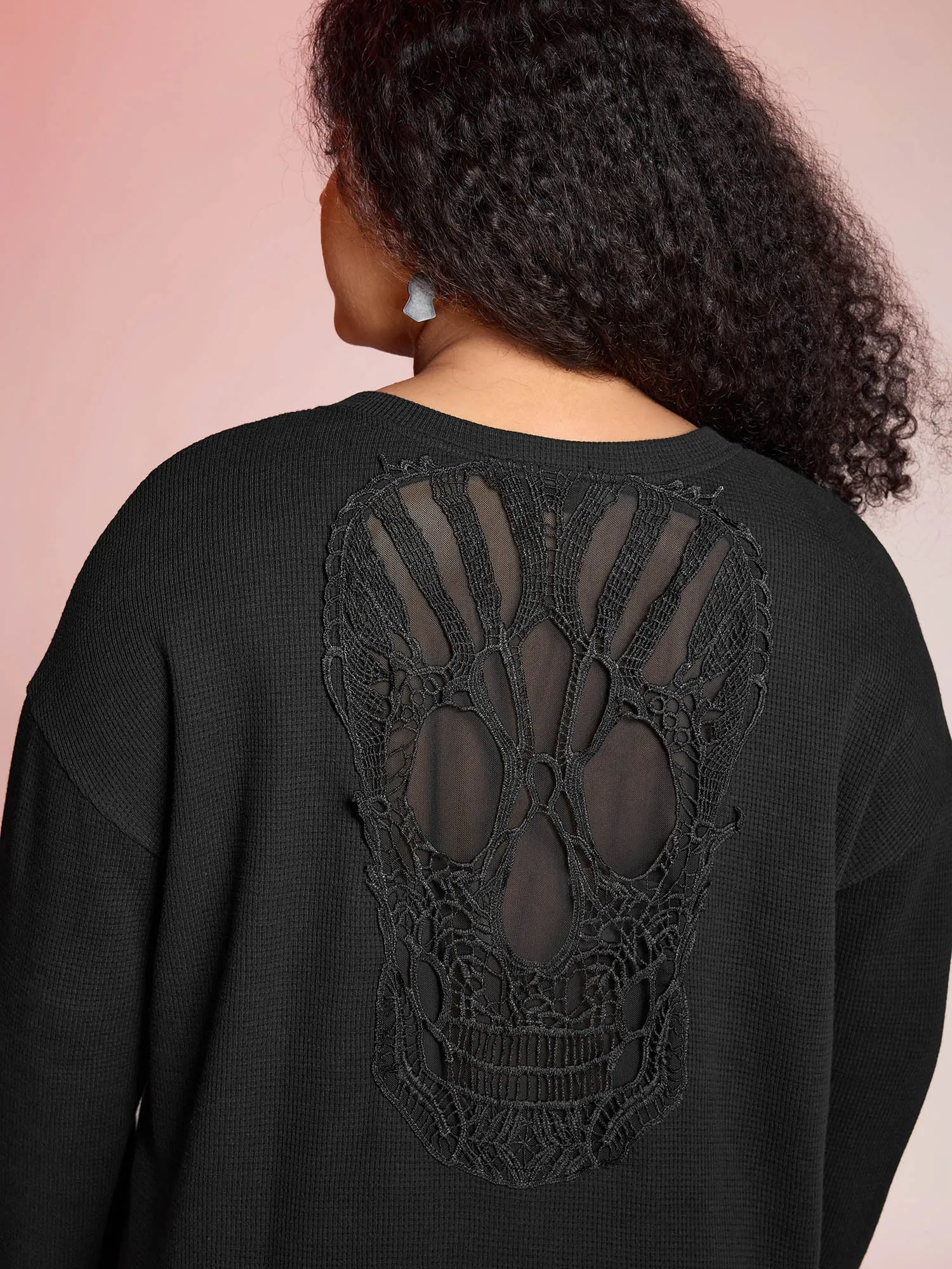 Sheer Lace Back Textured Sweatshirt sold by Bloomchic