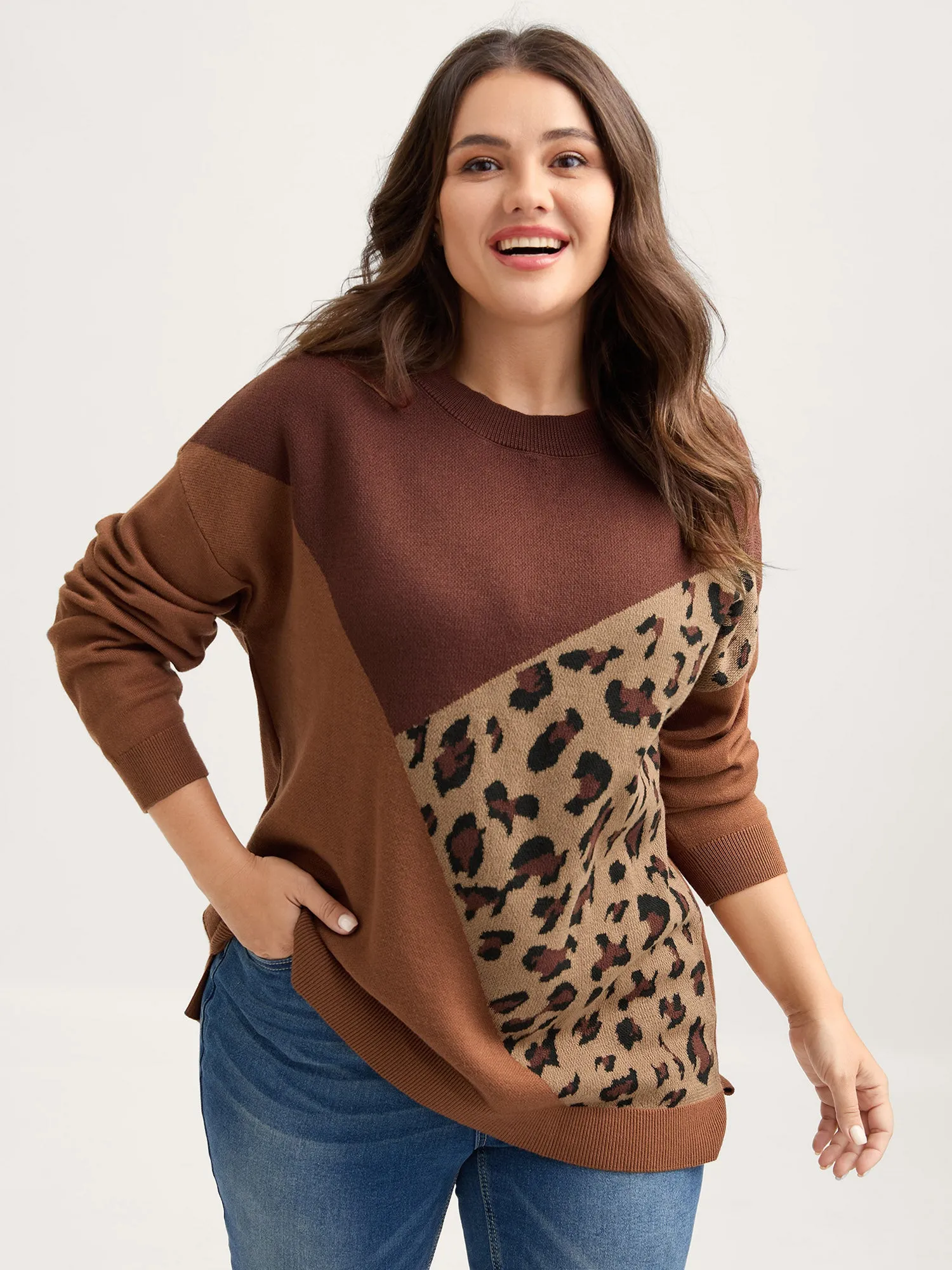 Leopard Jacquard Colorblock Pullover sold by Bloomchic