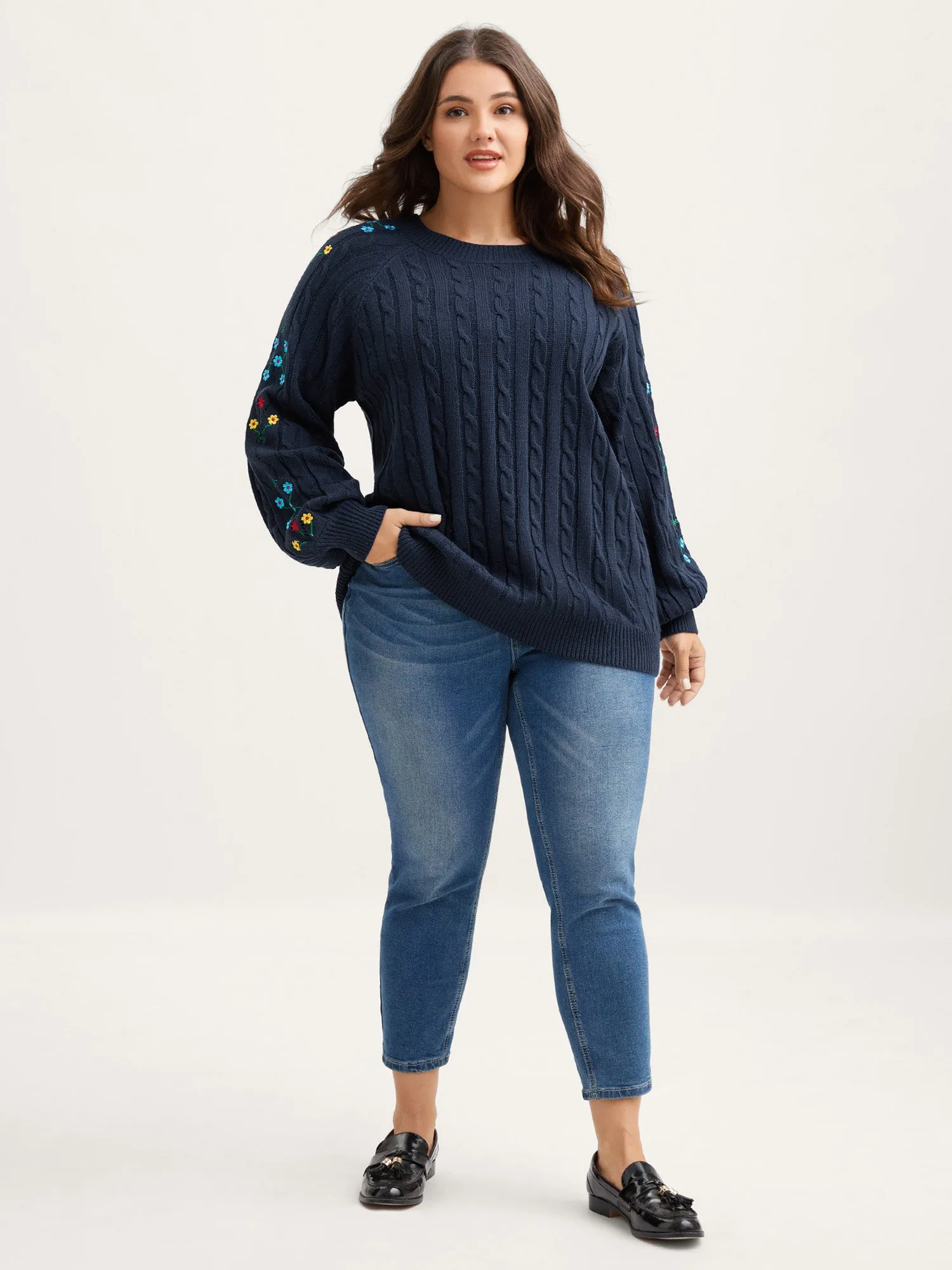 Cable Knit Embroidered Raglan Sleeve Pullover sold by Bloomchic product image thumbnail 3