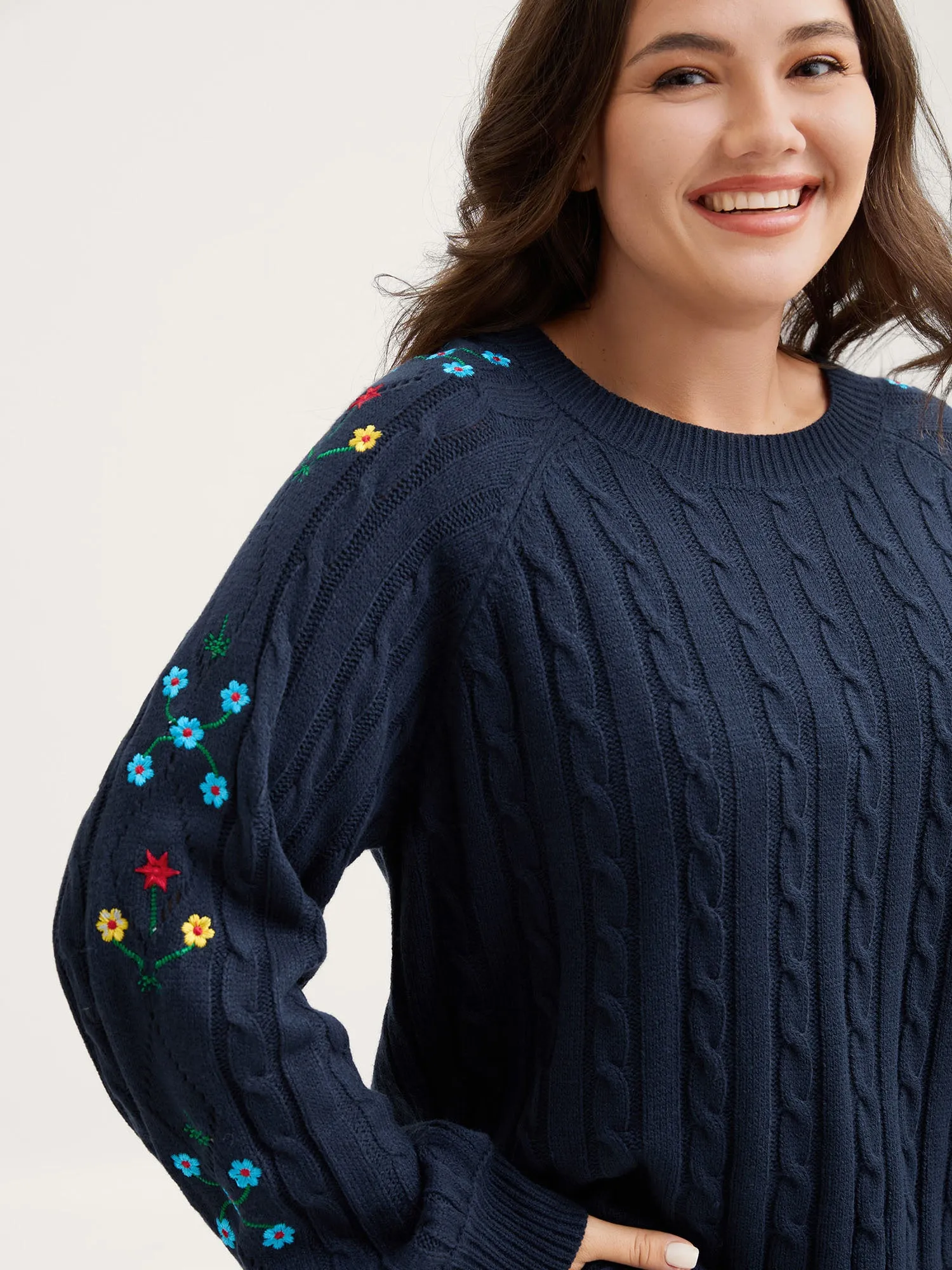 Cable Knit Embroidered Raglan Sleeve Pullover sold by Bloomchic product image thumbnail 2