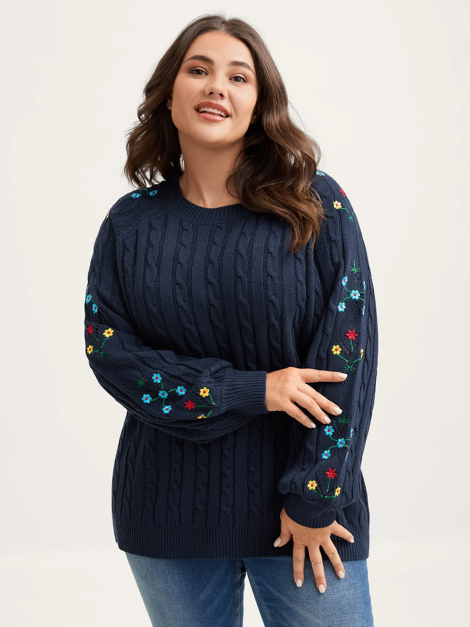 Cable Knit Embroidered Raglan Sleeve Pullover sold by Bloomchic