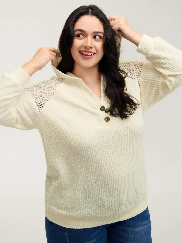 Textured Spliced Button Detail Hoodie sold by Bloomchic