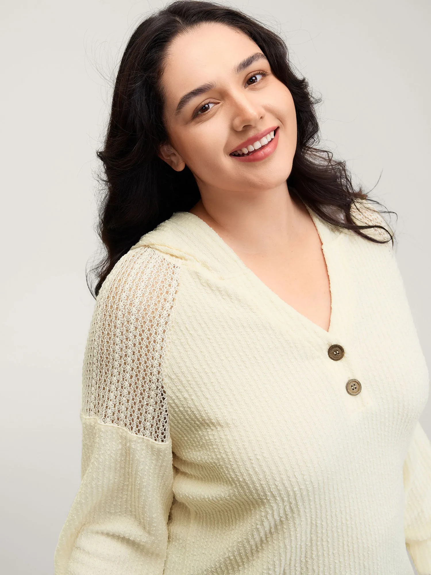 Textured Spliced Button Detail Hoodie sold by Bloomchic product image thumbnail 2