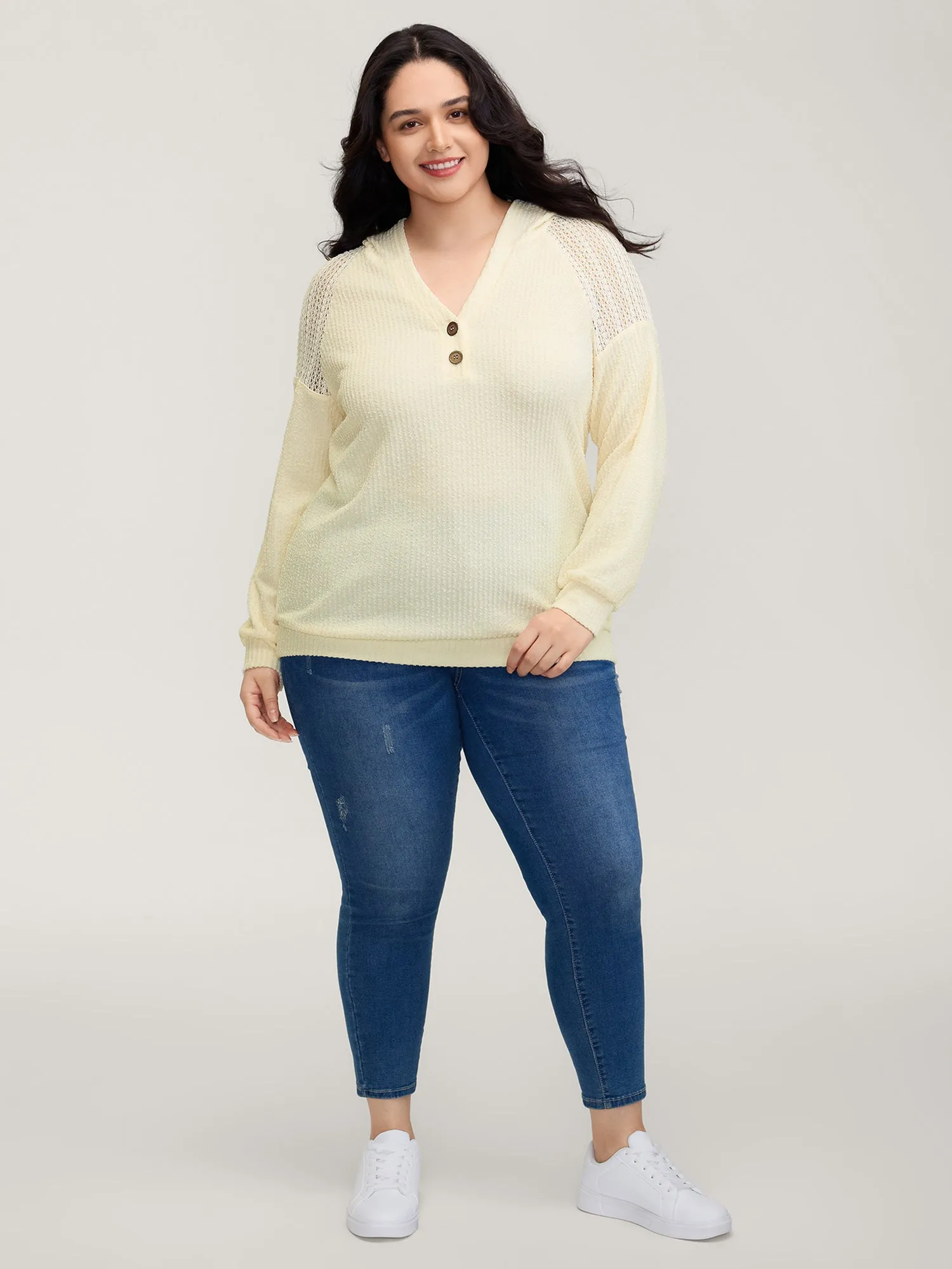 Textured Spliced Button Detail Hoodie sold by Bloomchic product image thumbnail 3