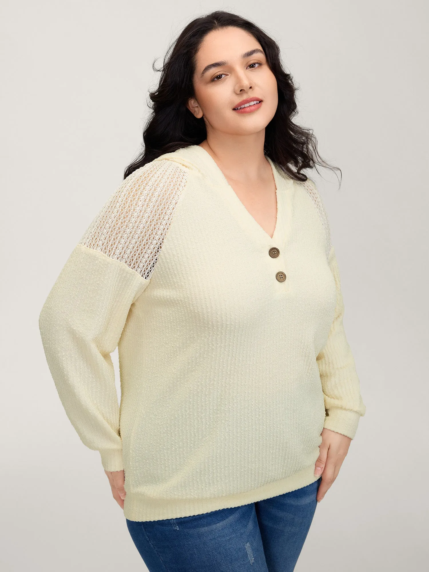 Textured Spliced Button Detail Hoodie sold by Bloomchic product image thumbnail 4